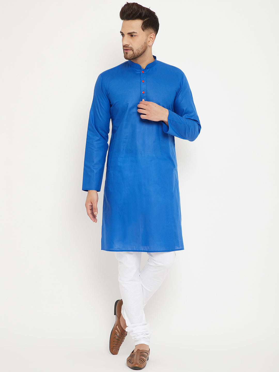 VM BY VASTRAMAY Men's Blue And White Cotton Kurta Churidar Set