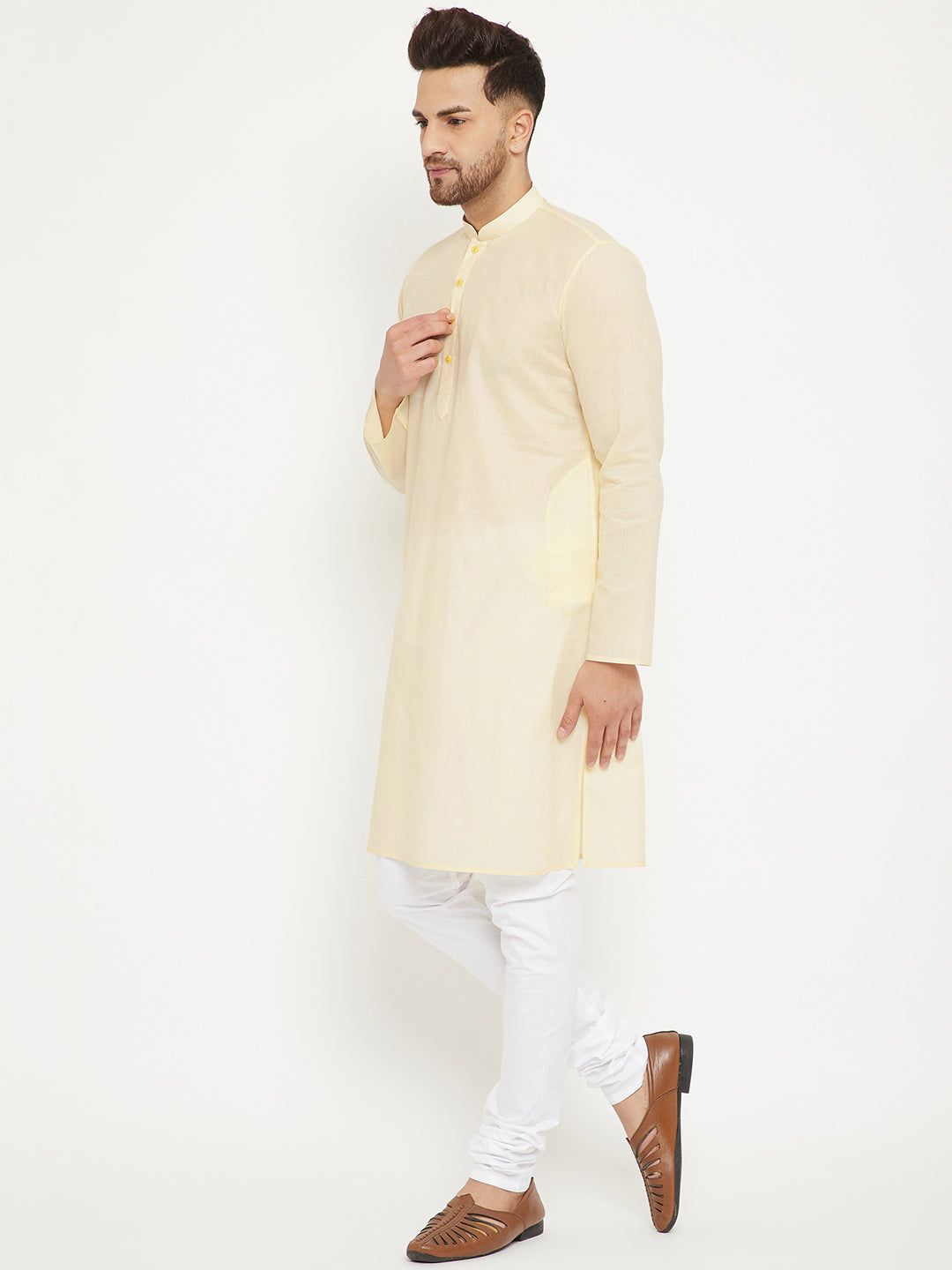 VM BY VASTRAMAY Men's Cream And White Cotton Kurta Churidar Set