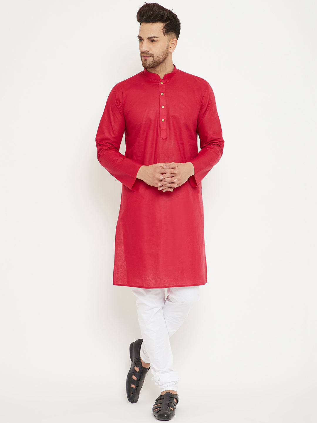 VM BY VASTRAMAY Men's Red And White Cotton Kurta Churidar Set