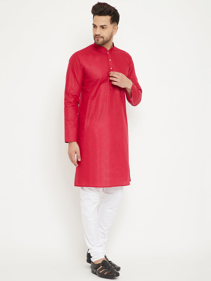 VM BY VASTRAMAY Men's Red And White Cotton Kurta Churidar Set