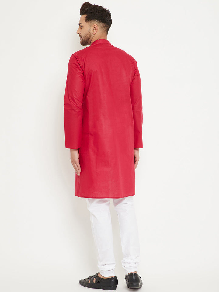 VM BY VASTRAMAY Men's Red And White Cotton Kurta Churidar Set