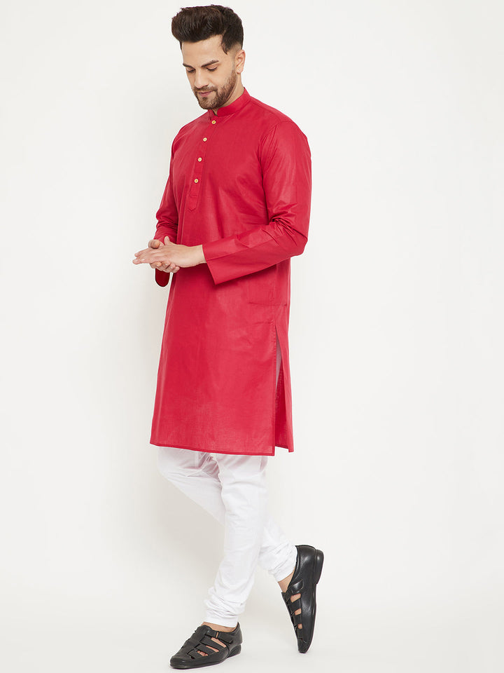 VM BY VASTRAMAY Men's Red And White Cotton Kurta Churidar Set