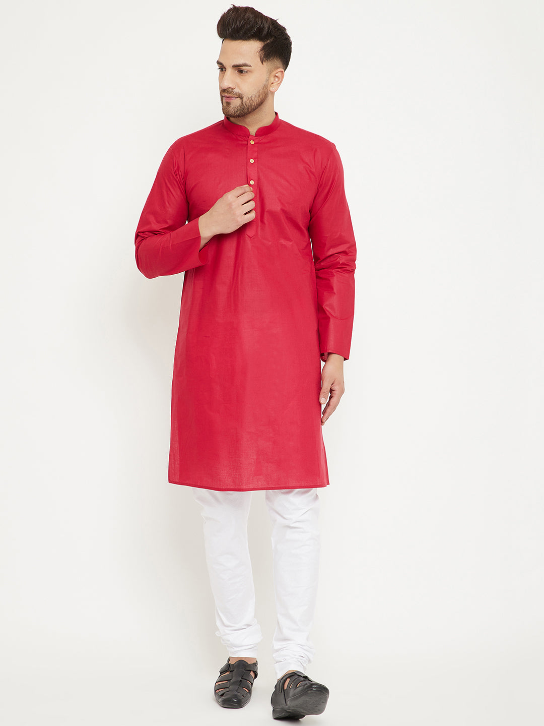 VM BY VASTRAMAY Men's Red And White Cotton Kurta Churidar Set