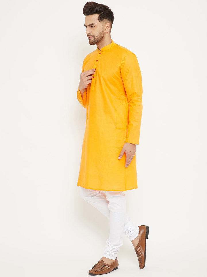 VM BY VASTRAMAY Men's Orange And White Cotton Kurta Churidar Set