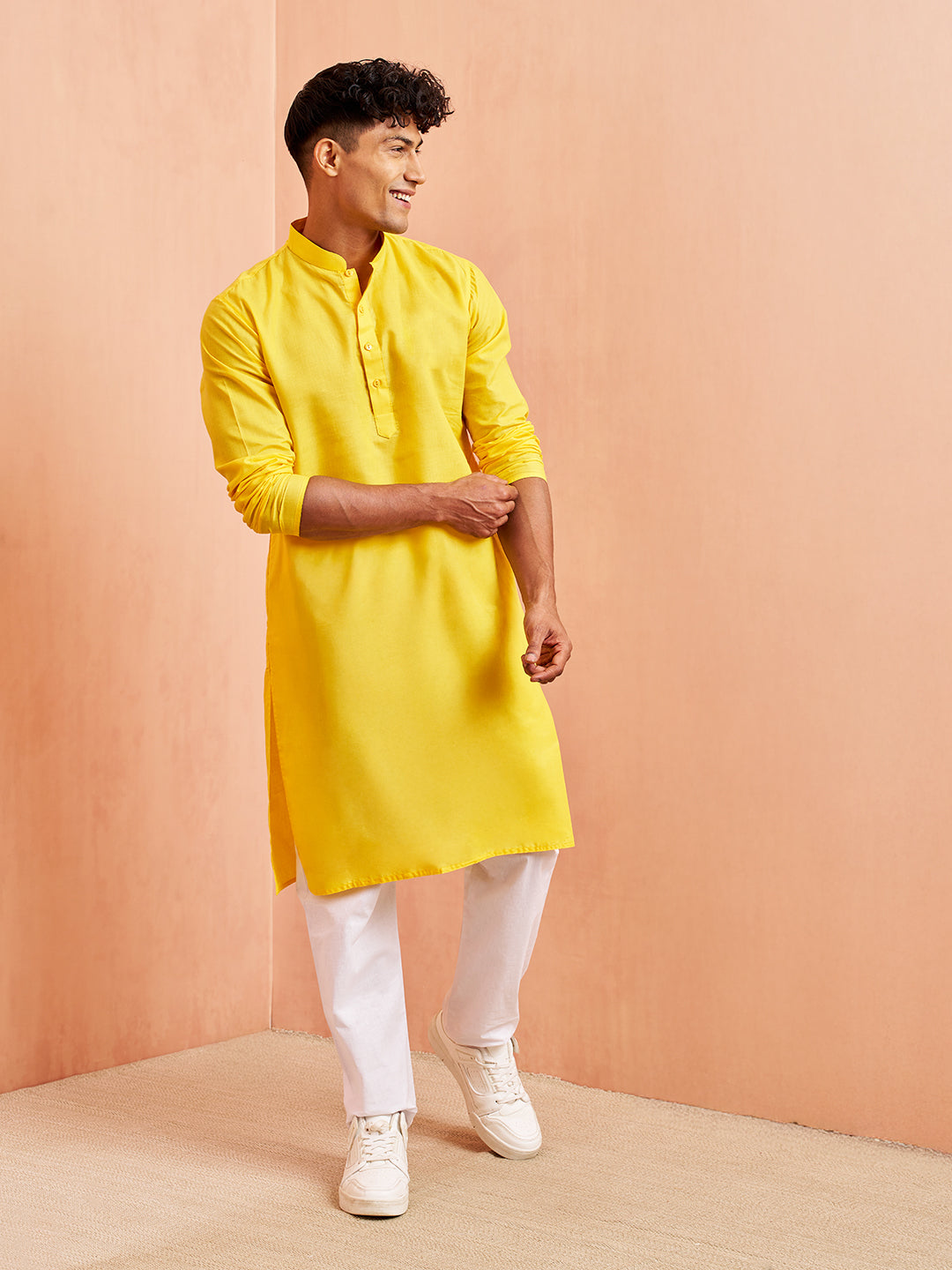 Men's Yellow Cotton Kurta with White Pyjama Set