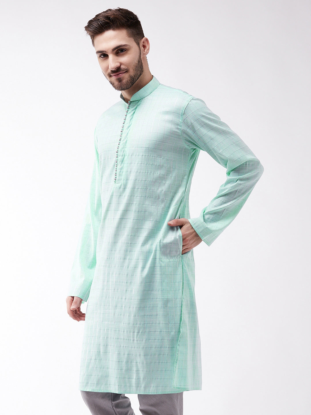 VASTRAMAY Men's Aqua Blue Cotton Blend Kurta