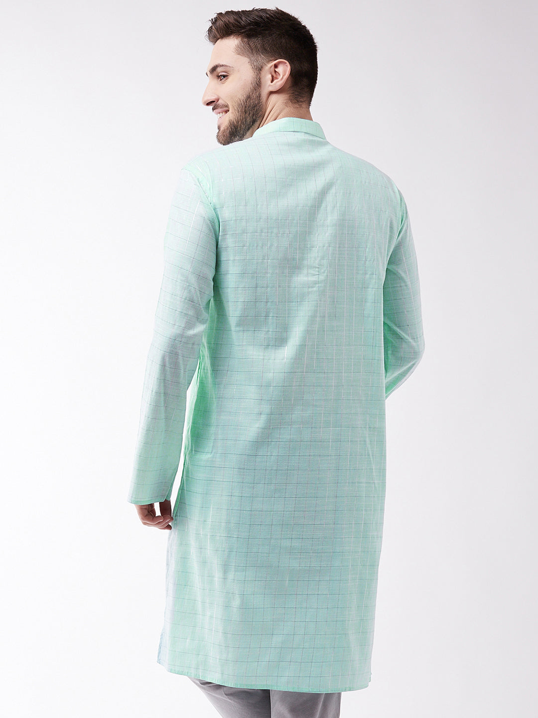 VASTRAMAY Men's Aqua Blue Cotton Blend Kurta