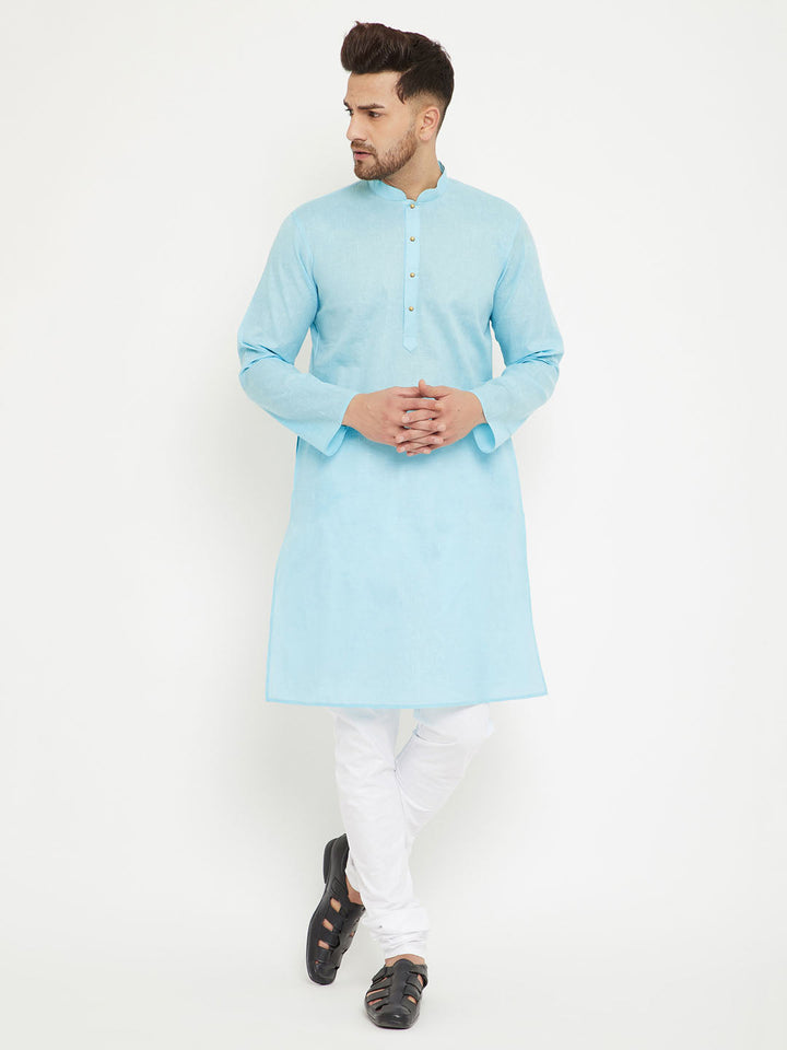 VM BY Vastramay Men's Aqua And White Cotton Blend Kurta Pyjama Set