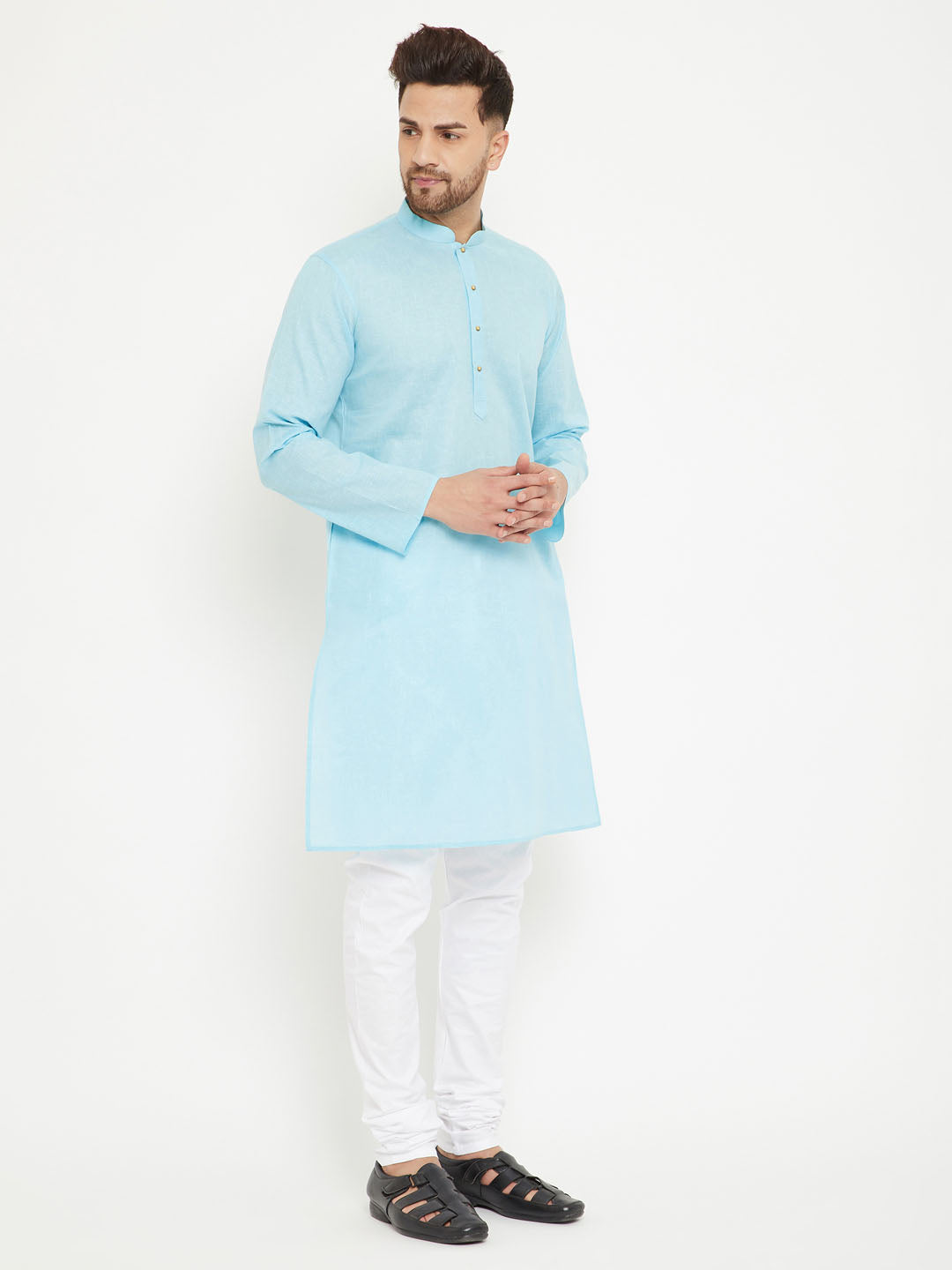 VM BY Vastramay Men's Aqua And White Cotton Blend Kurta Pyjama Set