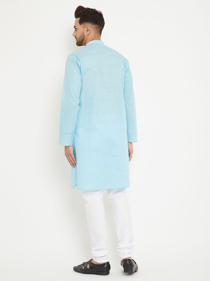 VM BY Vastramay Men's Aqua And White Cotton Blend Kurta Pyjama Set