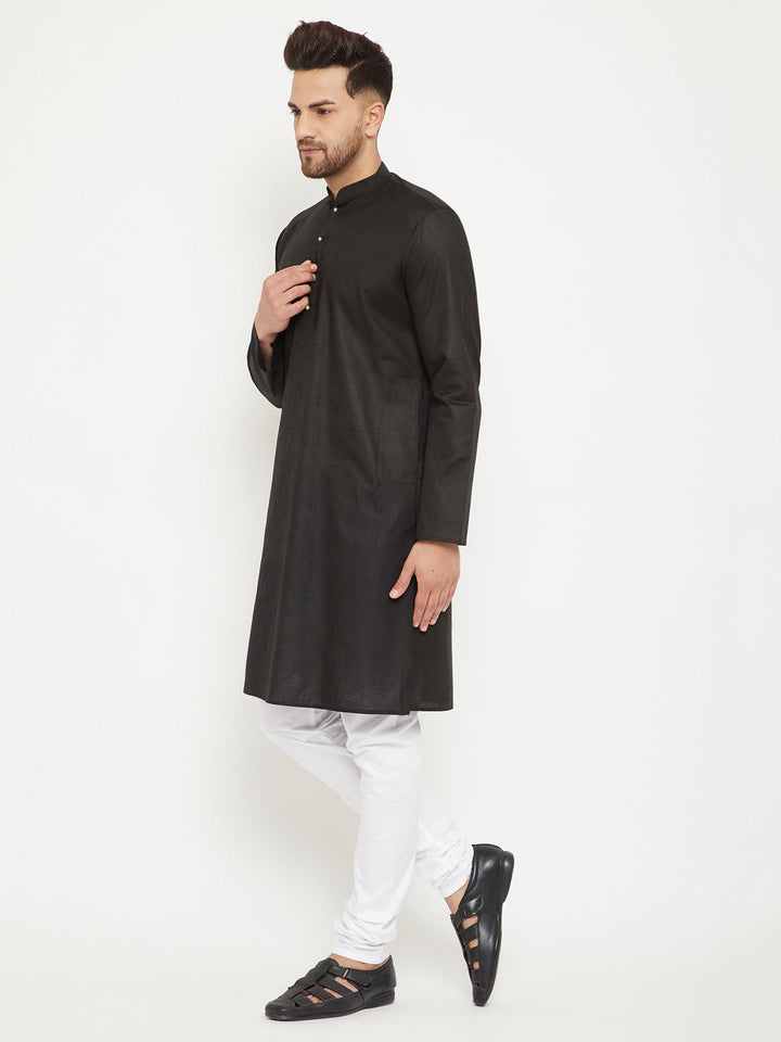 VM BY Vastramay Men's Black And White Cotton Blend Kurta Pyjama Set