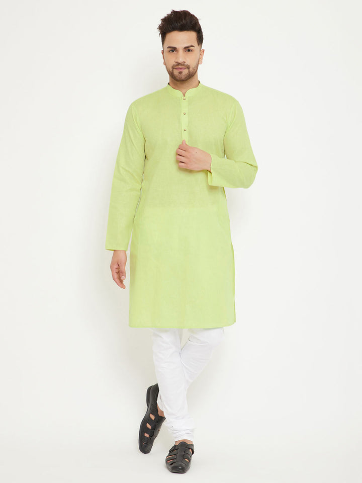 VM BY Vastramay Men's Green And White Cotton Blend Kurta Pyjama Set