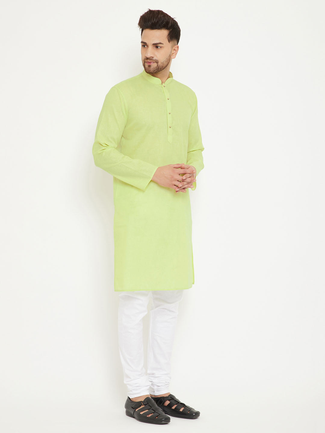 VM BY Vastramay Men's Green And White Cotton Blend Kurta Pyjama Set