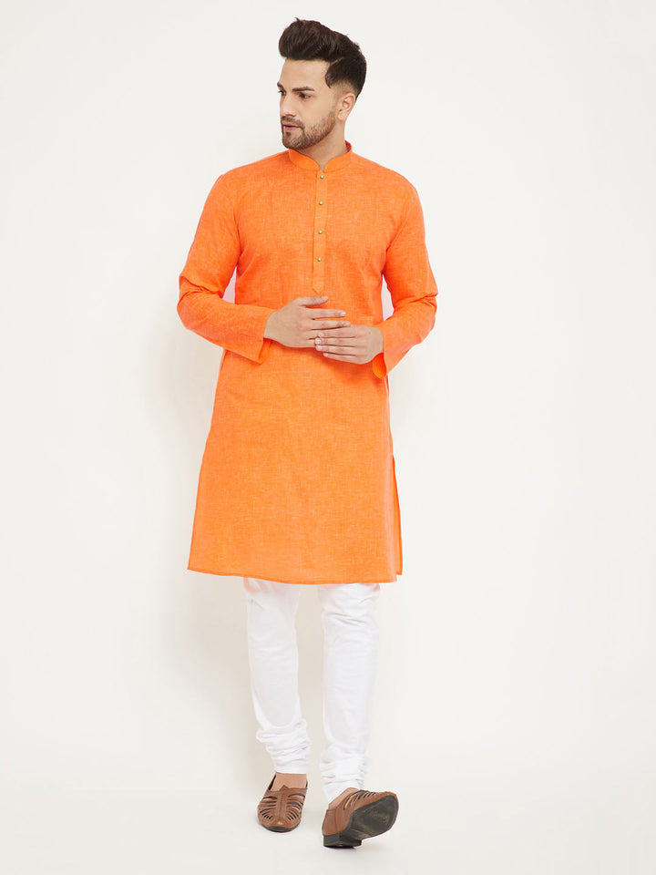 VM BY Vastramay Men's Orange And White Cotton Blend Kurta Pyjama Set