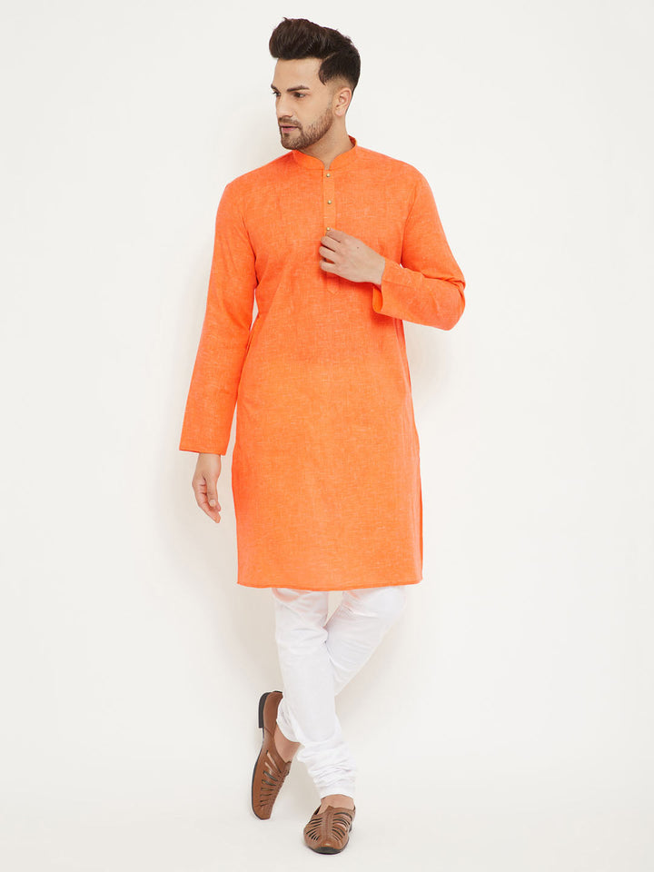 VM BY Vastramay Men's Orange And White Cotton Blend Kurta Pyjama Set