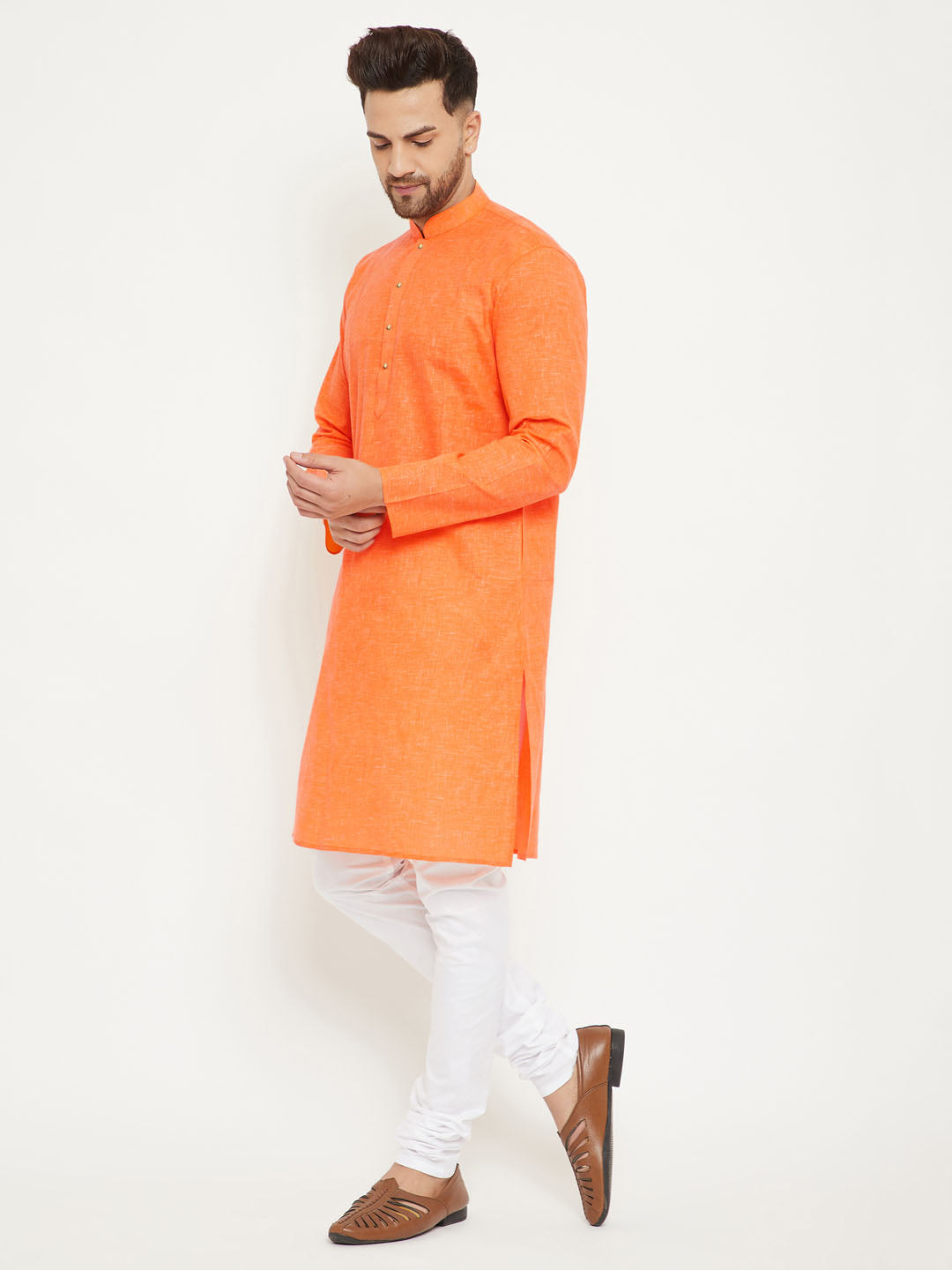 Vastramay Orange And White Baap Beta Kurta And Pyjama Set