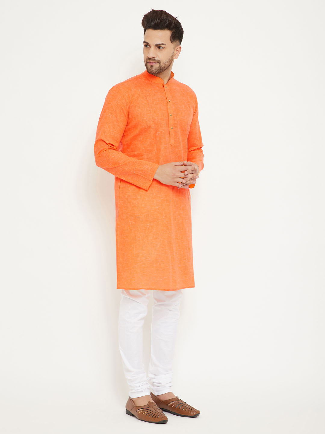 VM BY Vastramay Men's Orange And White Cotton Blend Kurta Pyjama Set