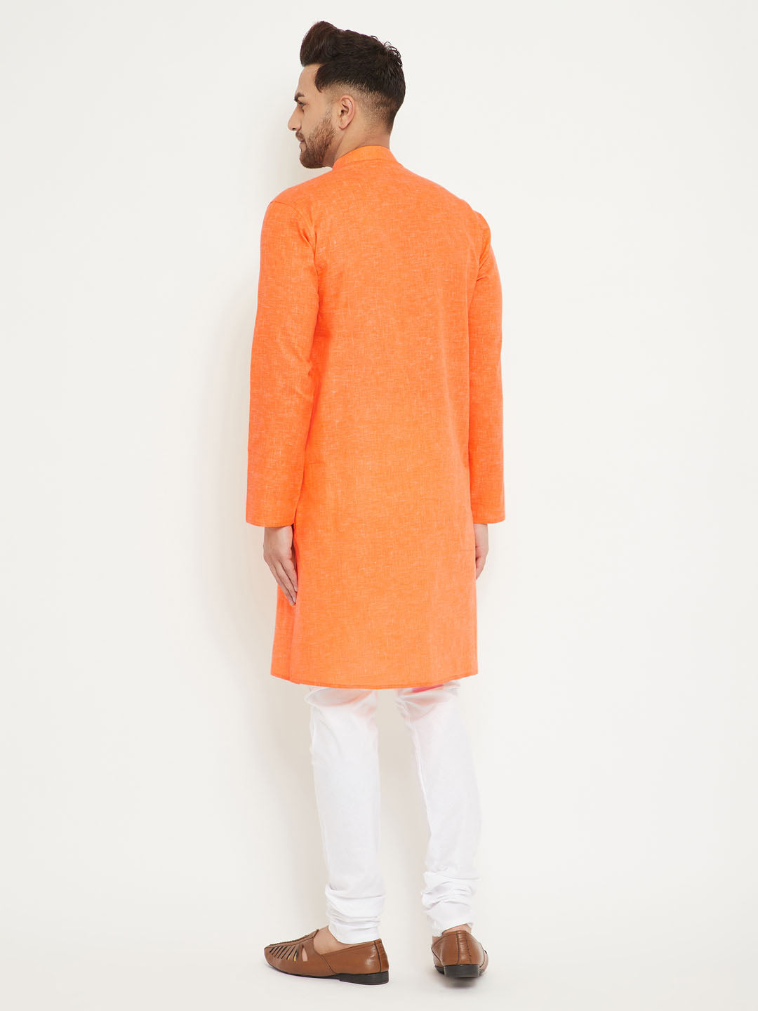 VM BY Vastramay Men's Orange And White Cotton Blend Kurta Pyjama Set