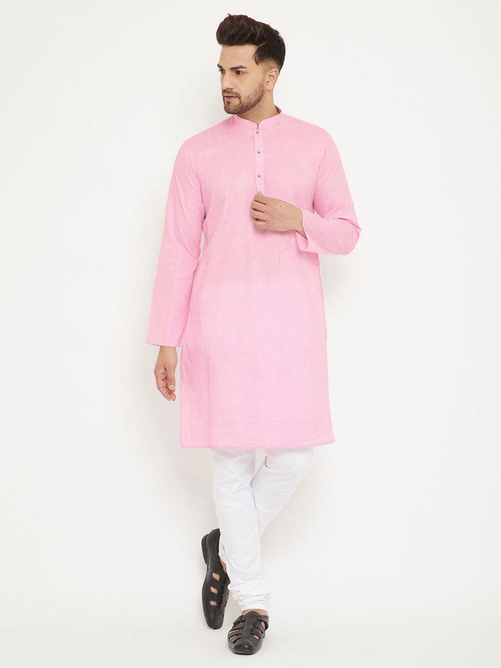 VM BY Vastramay Men's Pink And White Cotton Blend Kurta Pyjama Set