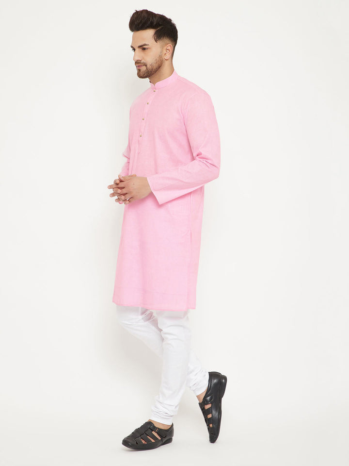 VM BY Vastramay Men's Pink And White Cotton Blend Kurta Pyjama Set