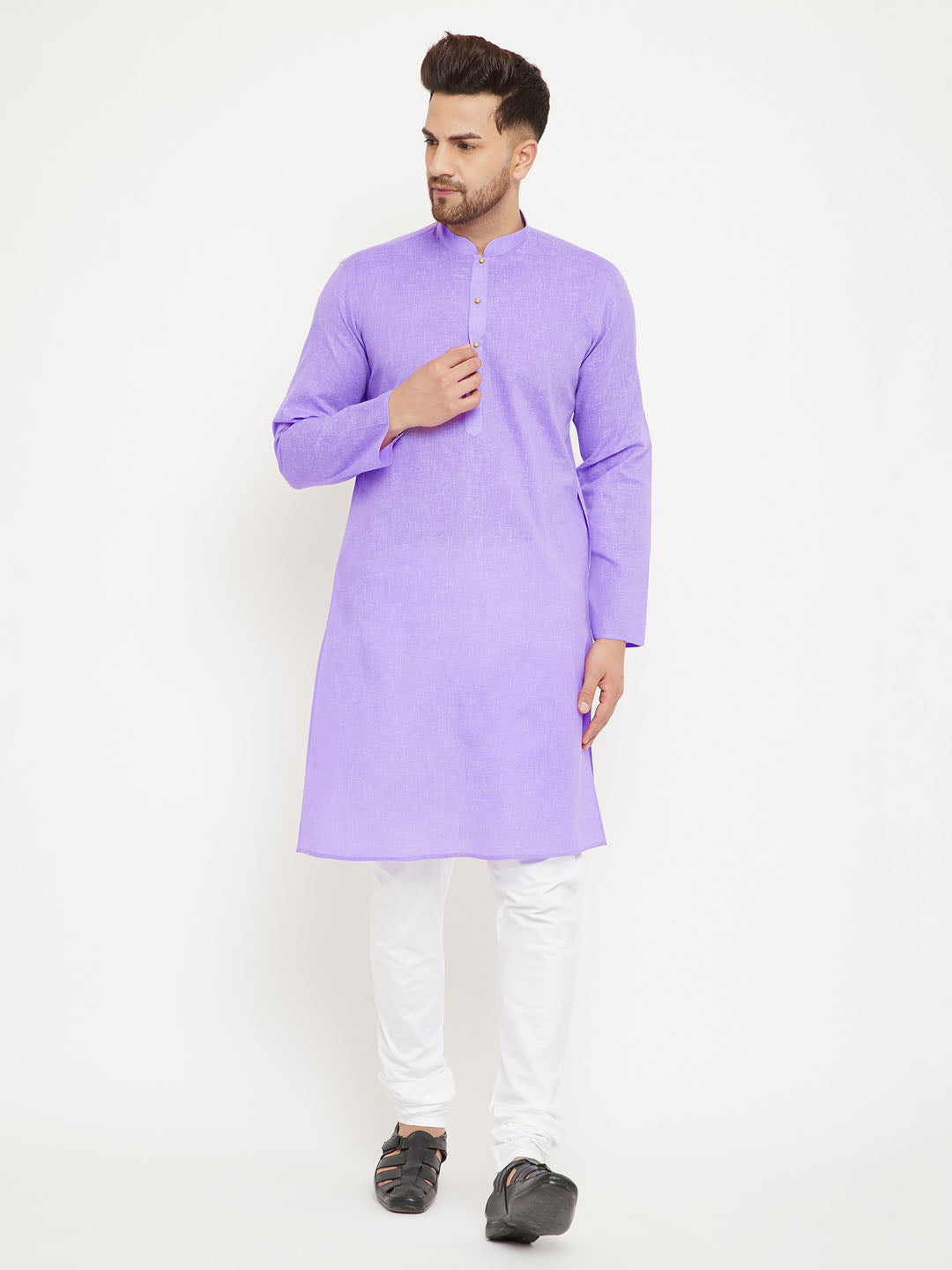 VM BY Vastramay Men's Purple And White Cotton Blend Kurta Pyjama Set