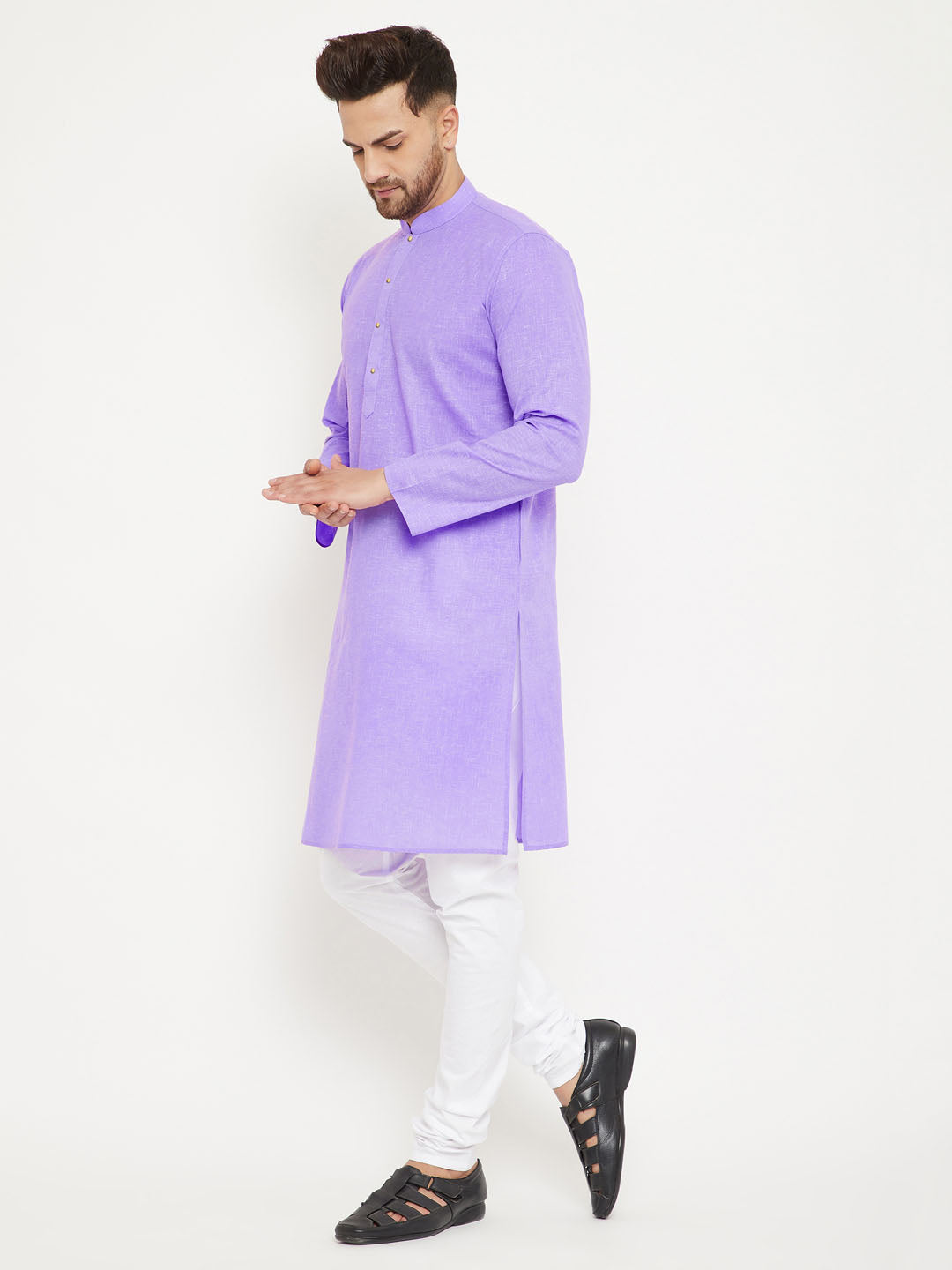 VM BY Vastramay Men's Purple And White Cotton Blend Kurta Pyjama Set