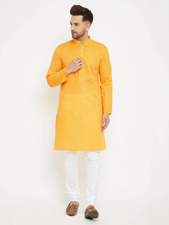 VM BY VASTRAMAY Men's Yellow And White Cotton Blend Kurta Pyjama Set