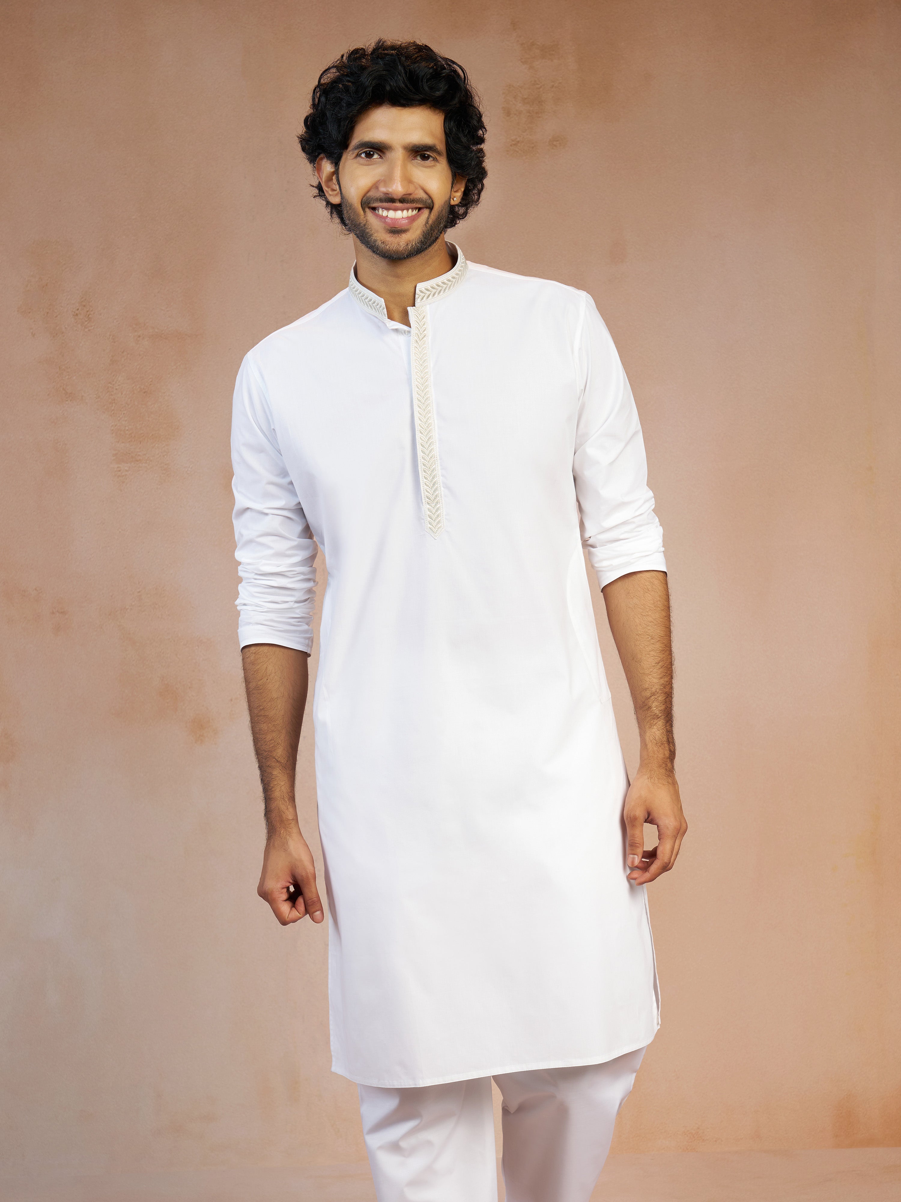 Men's White Thread Embroidered Cotton Long Kurta