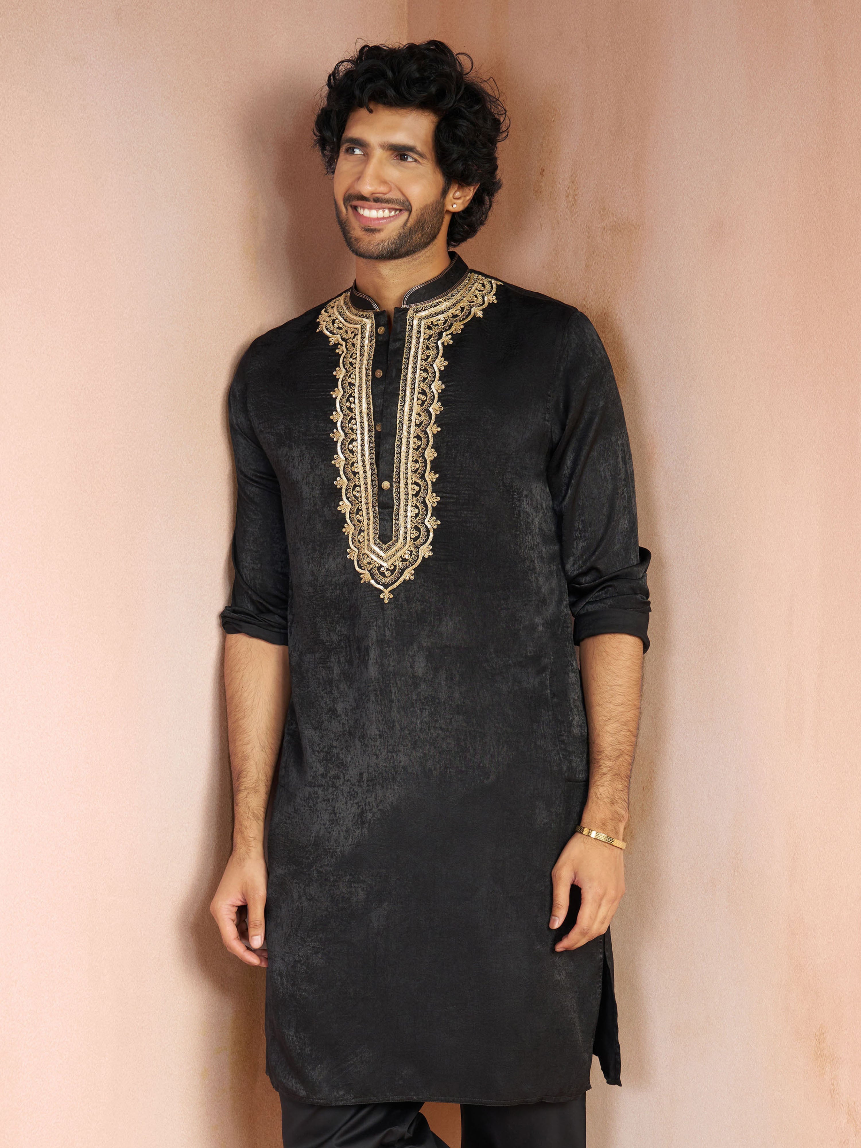 Men's Black Zari Floral Embroidered Satin Yoke Silk Blend Straight Kurta