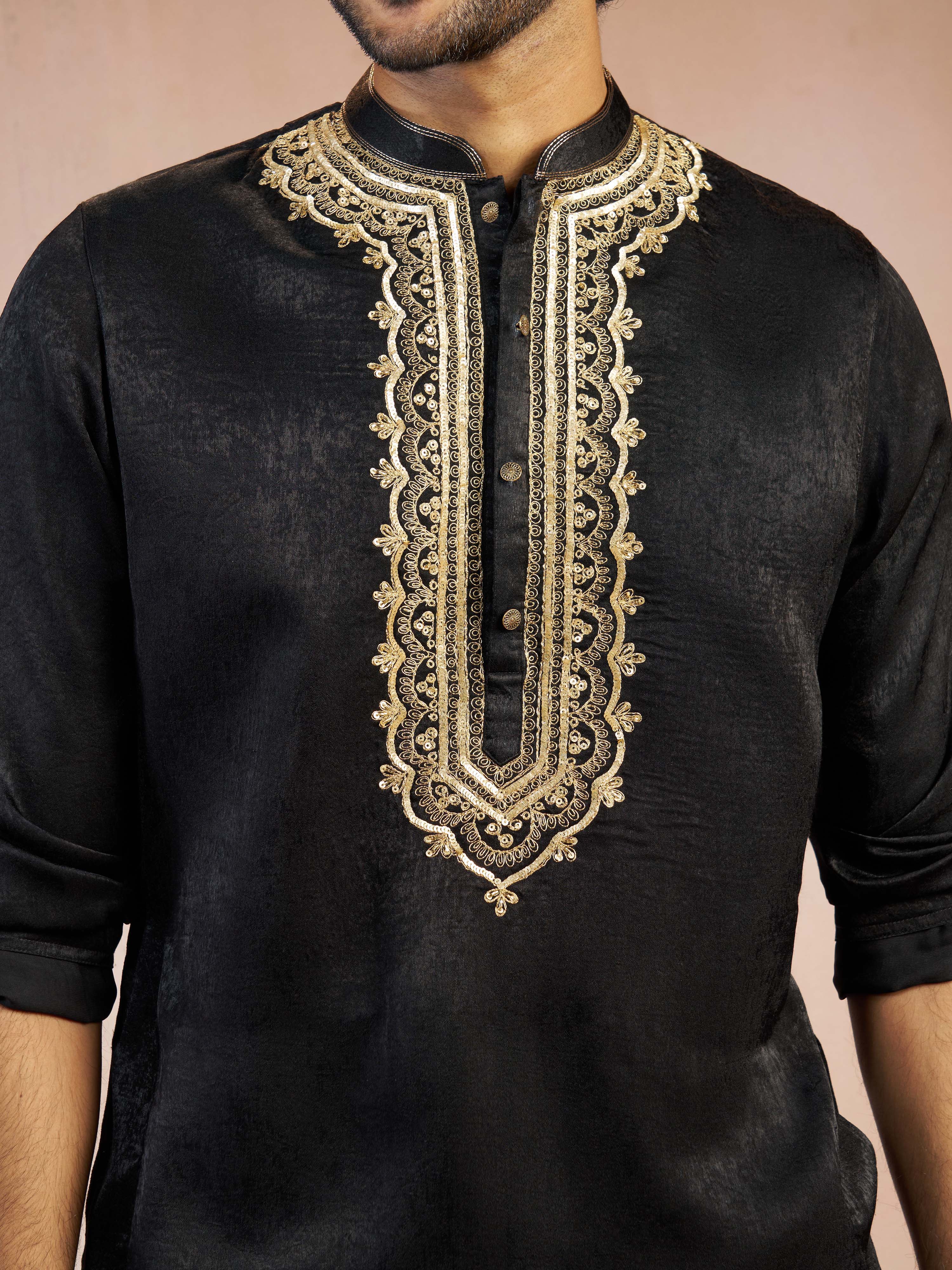 Men's Black Zari Floral Embroidered Satin Yoke Silk Blend Straight Kurta