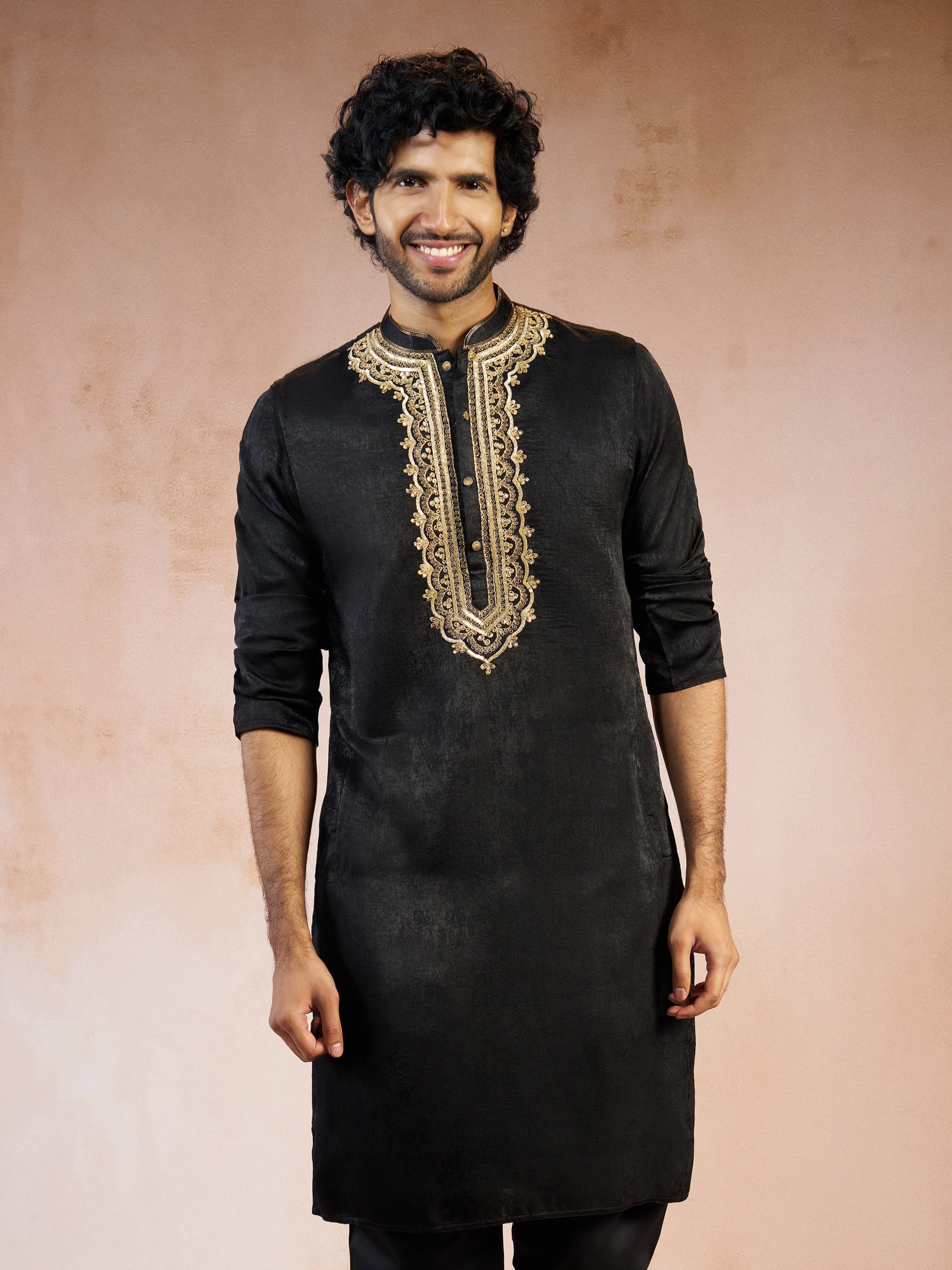 Men's Black Zari Floral Embroidered Satin Yoke Silk Blend Straight Kurta