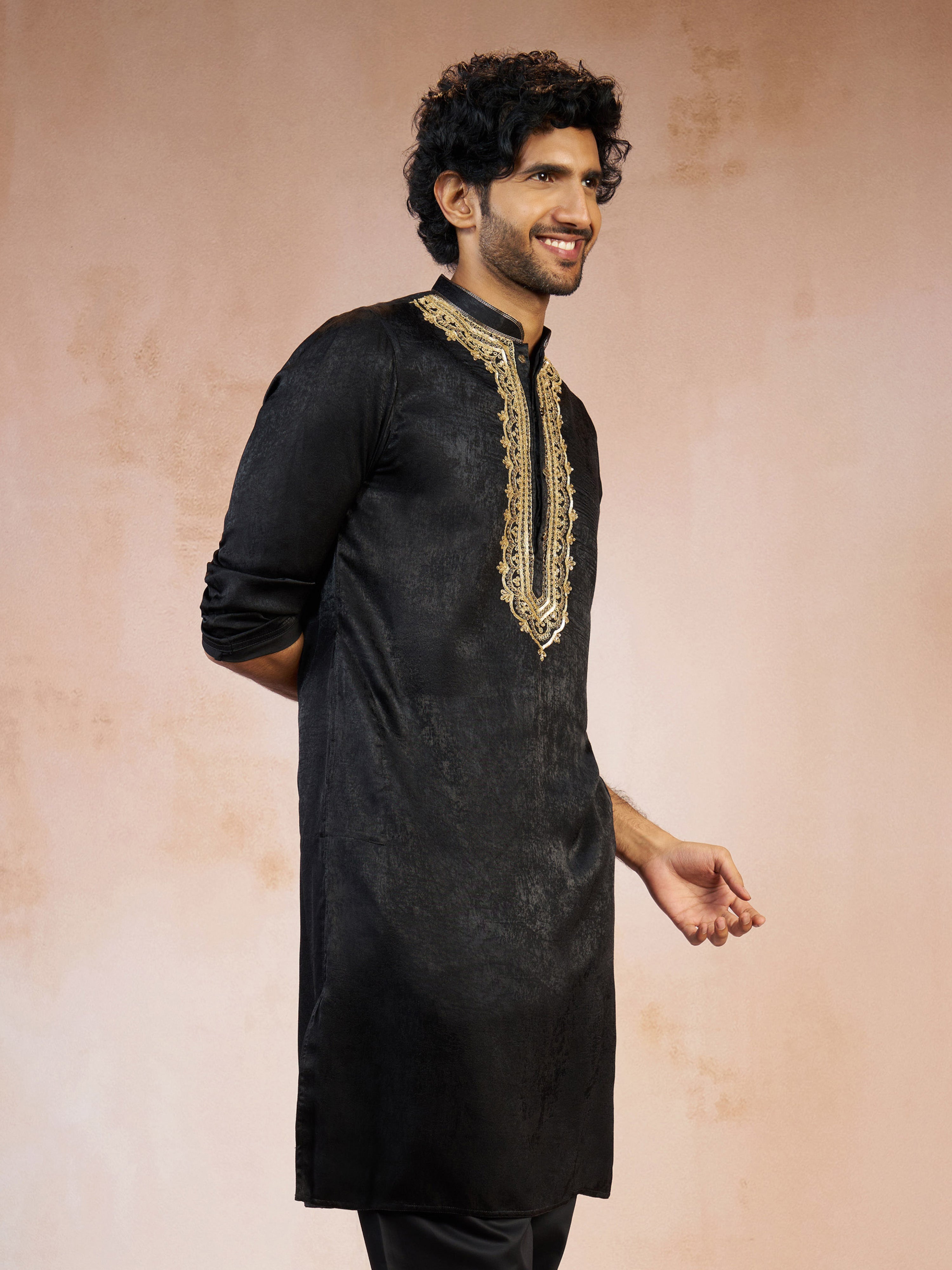 Men's Black Zari Floral Embroidered Satin Yoke Silk Blend Straight Kurta