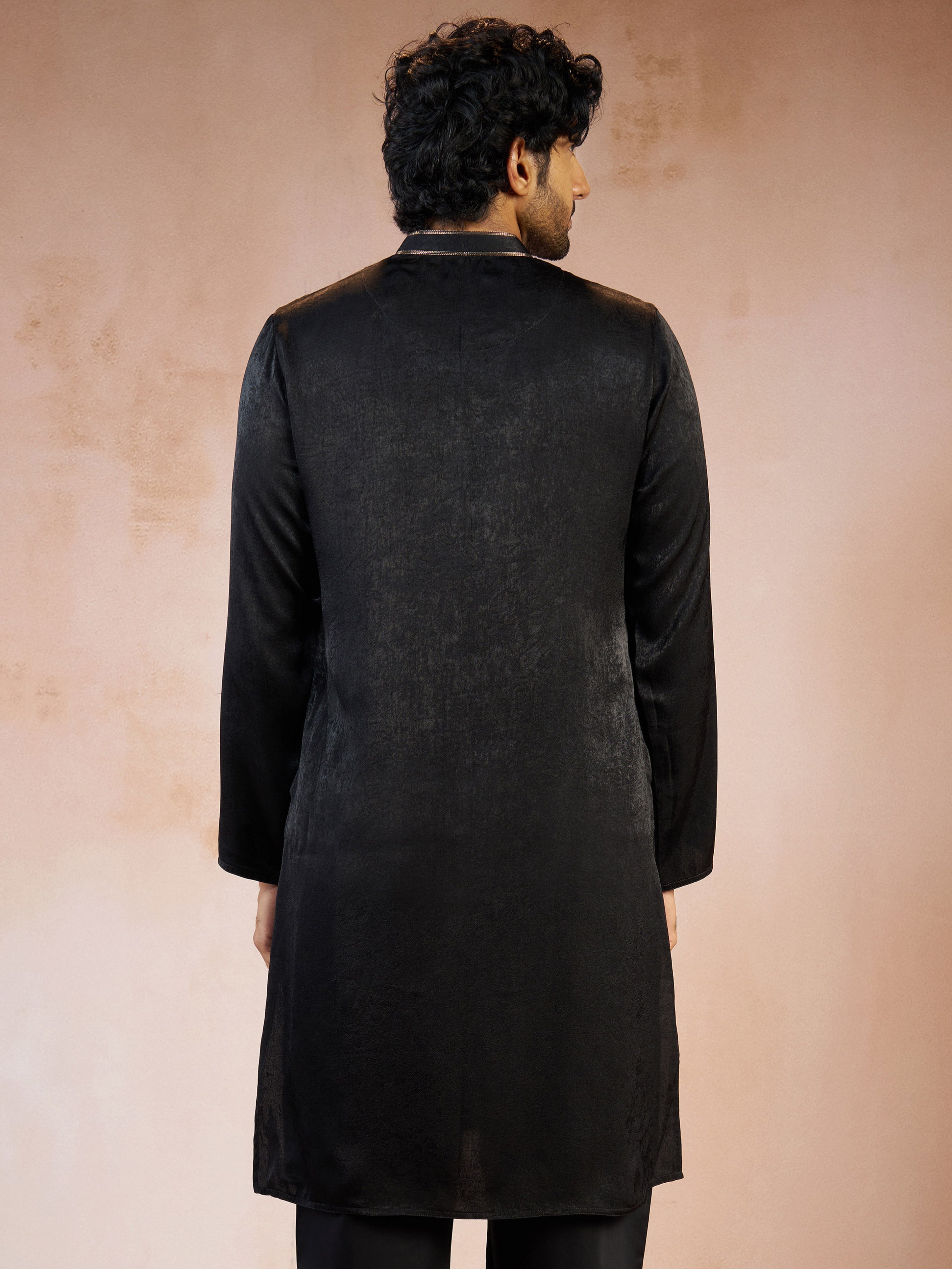 Men's Black Zari Floral Embroidered Satin Yoke Silk Blend Straight Kurta