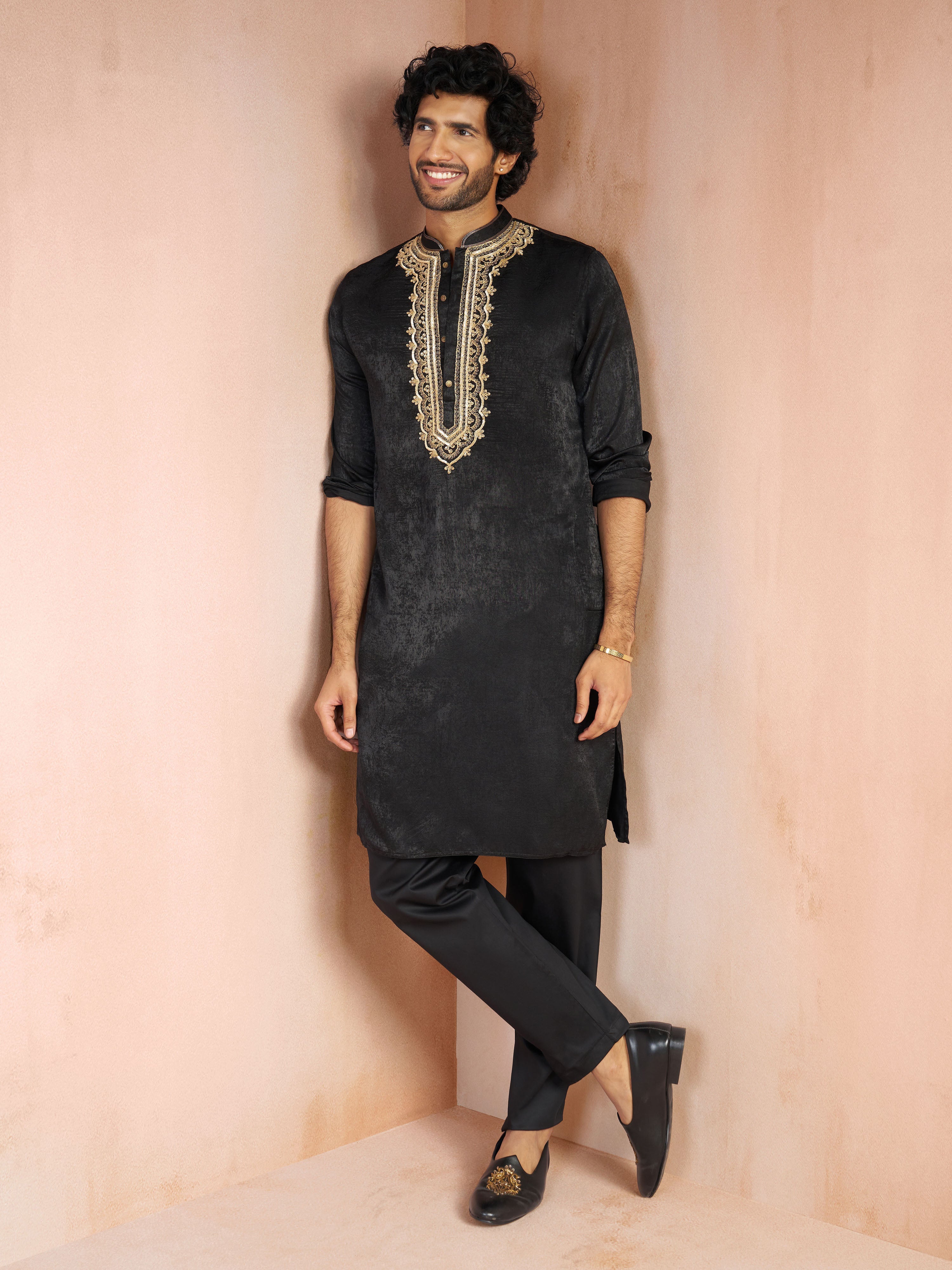 Men's Black Zari Floral Embroidered Satin Yoke Silk Blend Straight Kurta