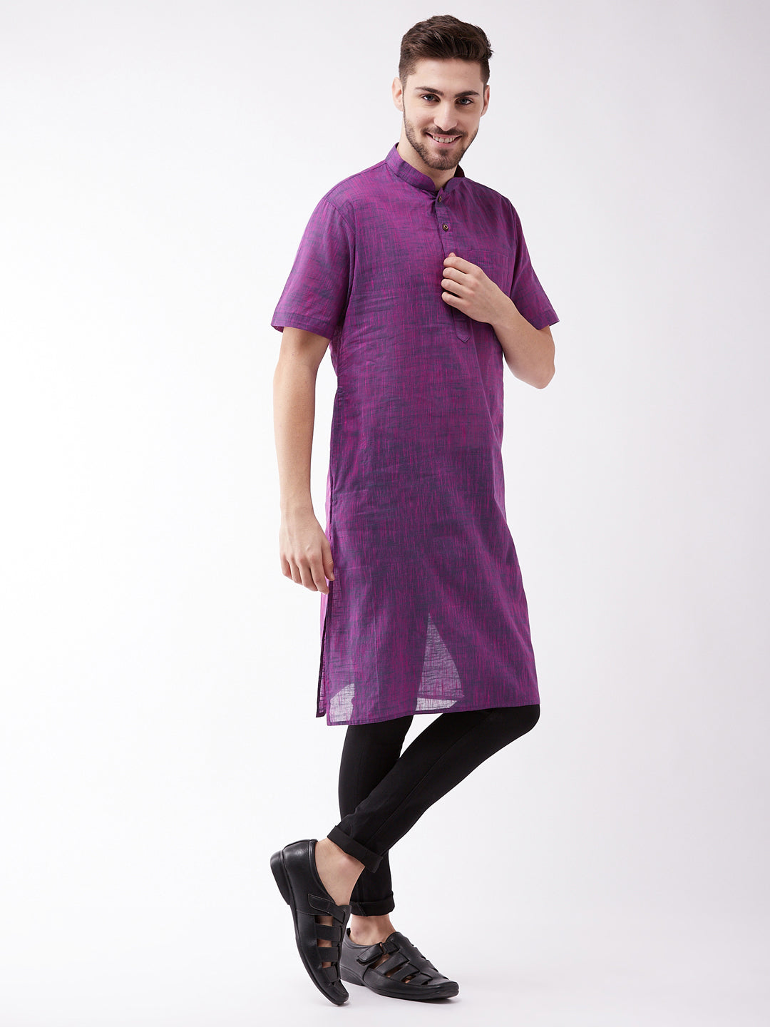 VM BY VASTRAMAY Men's Solid Purple Pure Cotton Kurta