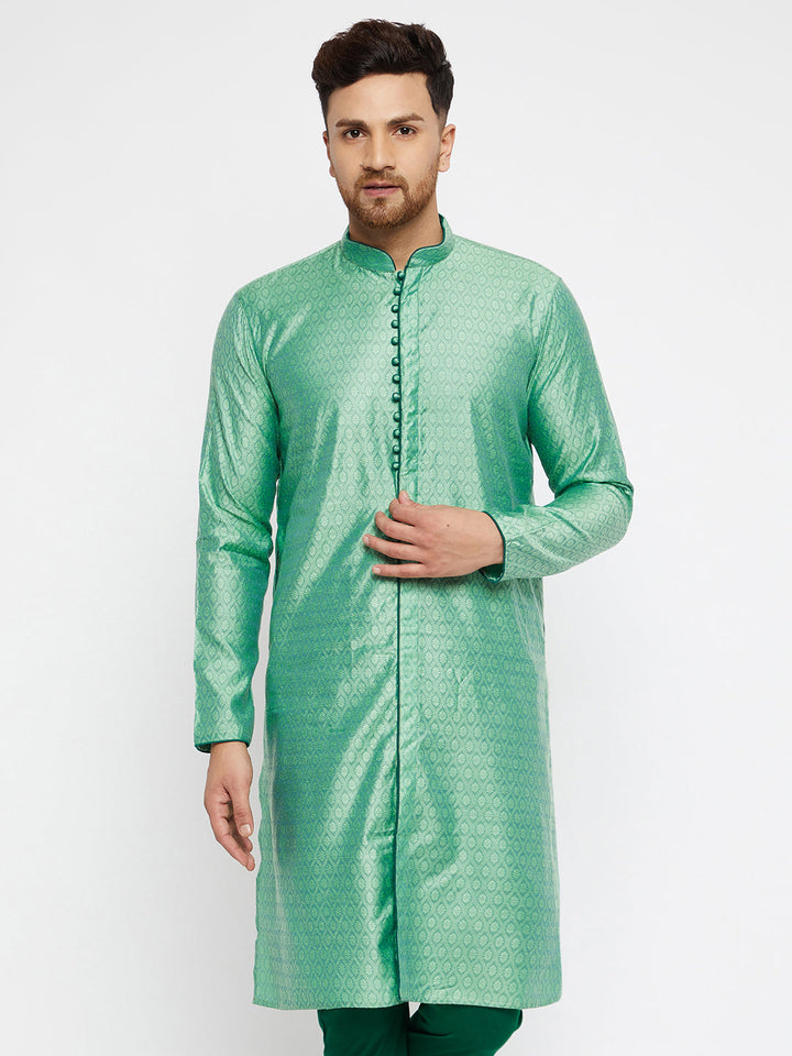 VASTRAMAY Men's Green Silk Blend Kurta