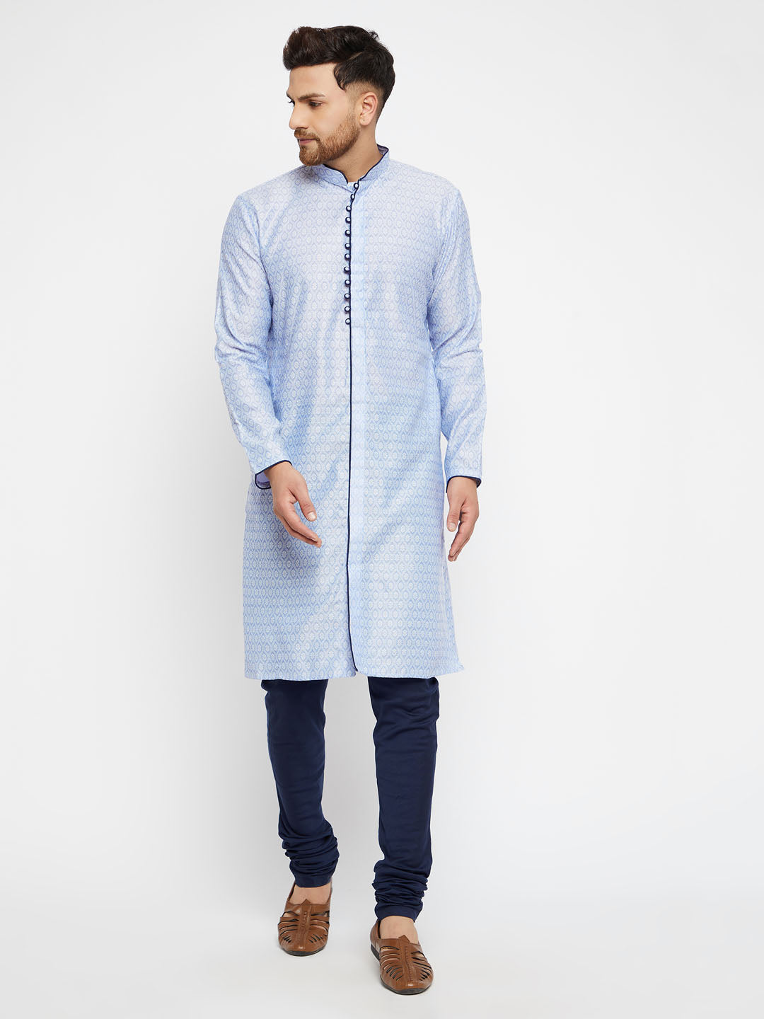 VASTRAMAY Men's Lavender And Navy Blue Silk Blend Kurta Pyjama Set