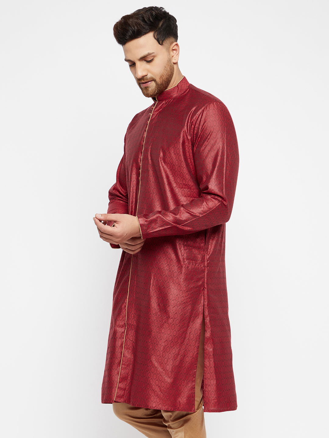 VASTRAMAY Men's Maroon Silk Blend Kurta