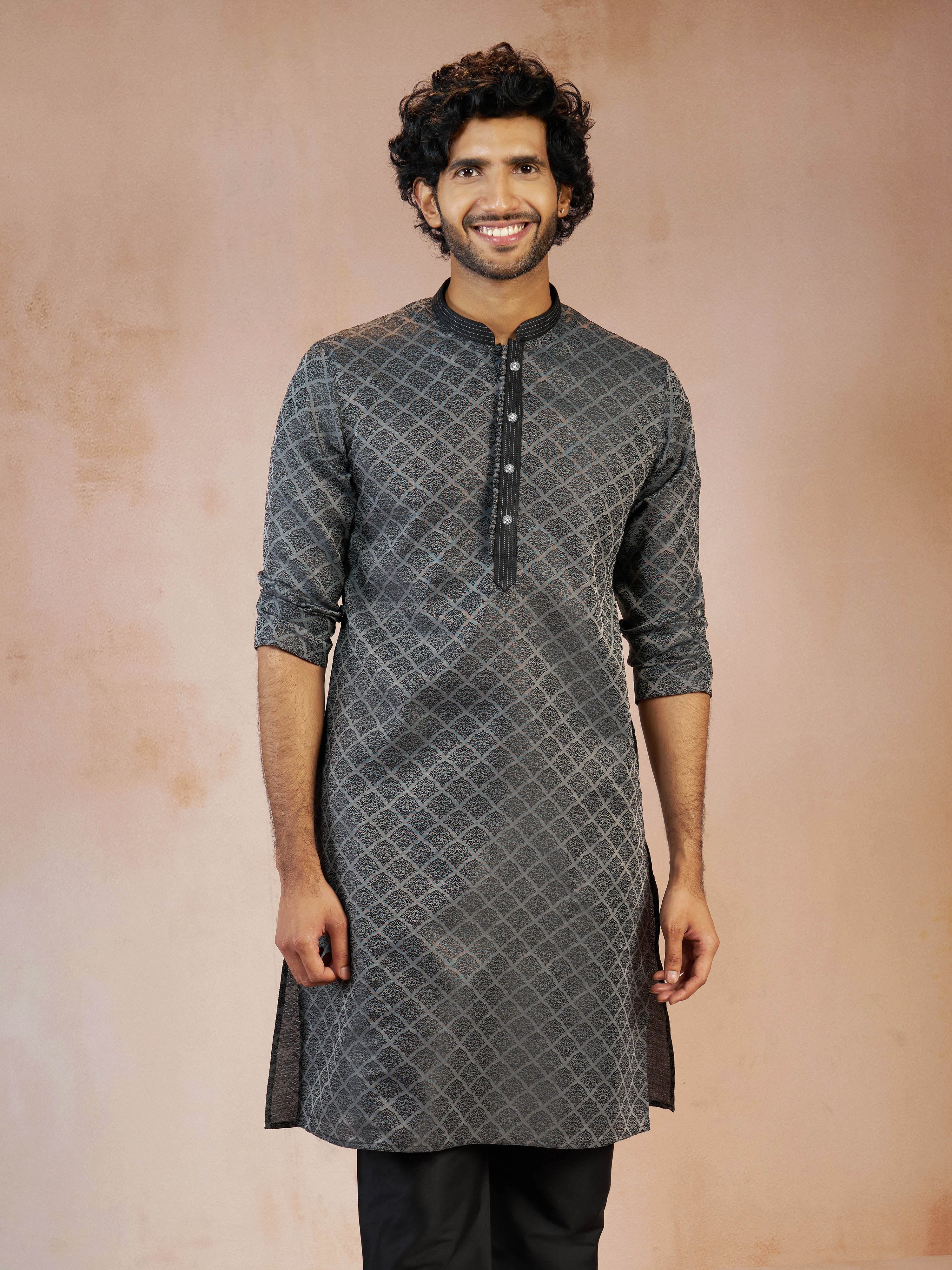 Men's Grey Jacquard Geometric Thread & Sequin Embroidered Silk Blend Straight Kurta