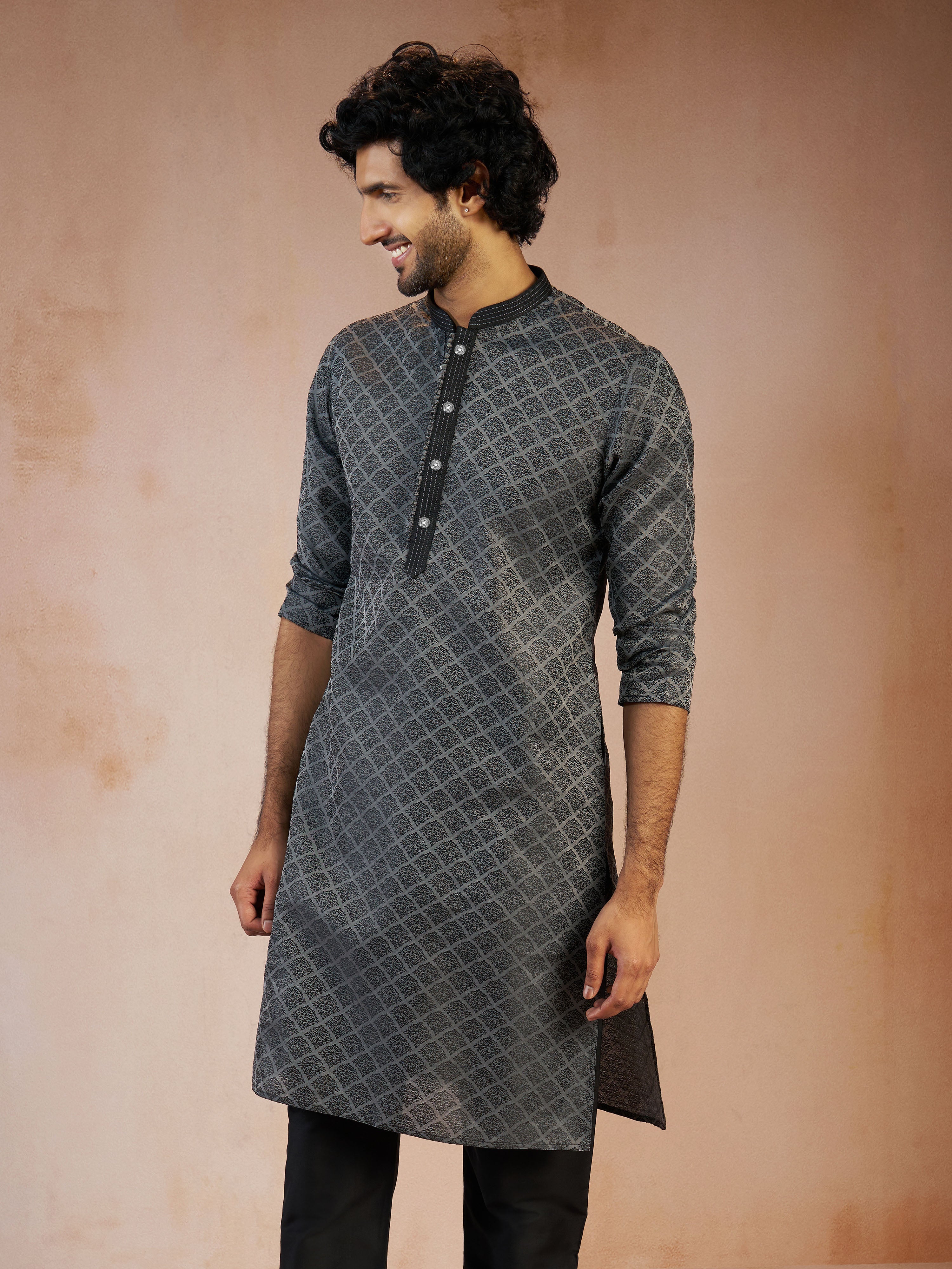 Men's Grey Jacquard Geometric Thread & Sequin Embroidered Silk Blend Straight Kurta