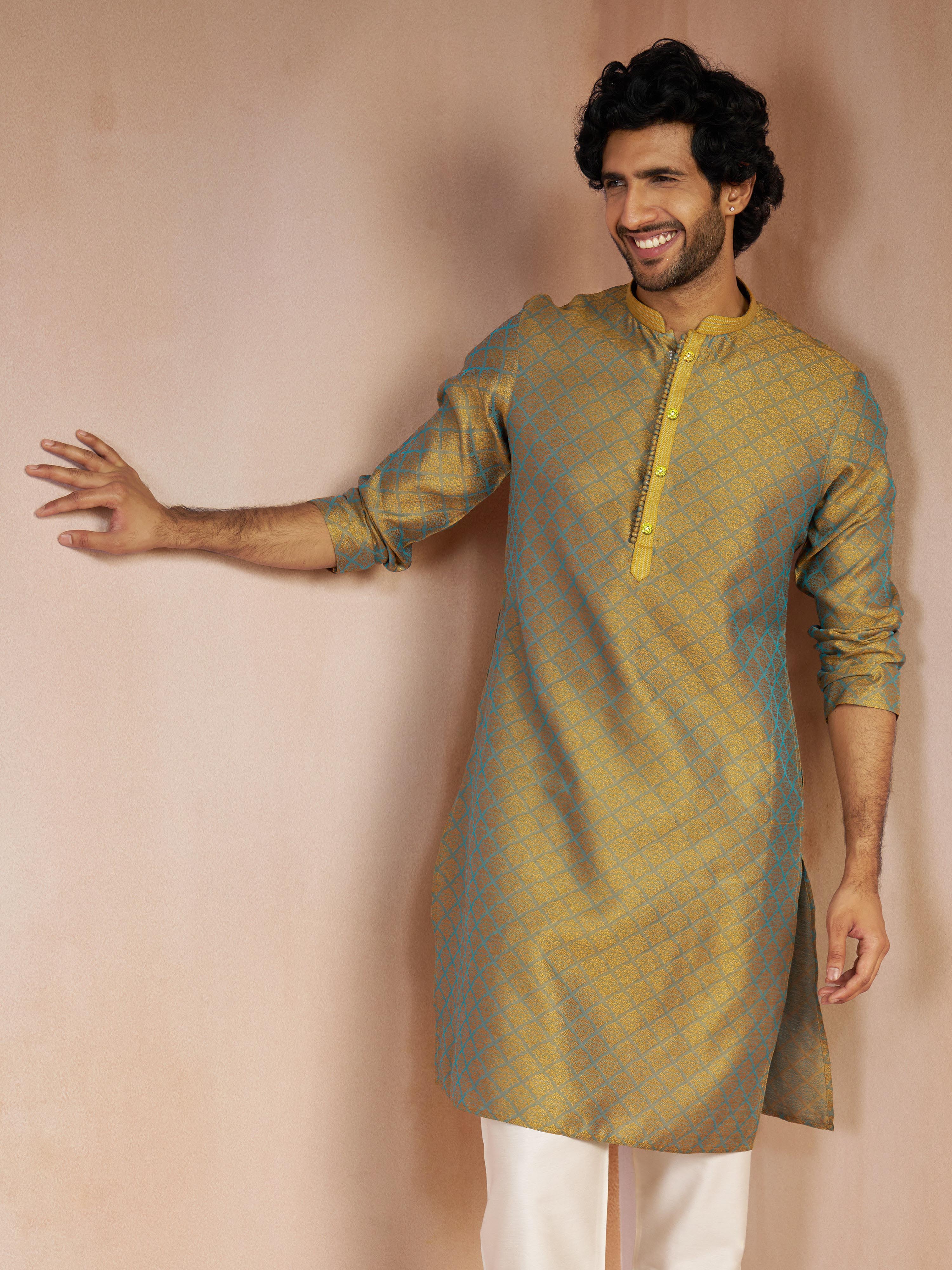 Men's Turquoise Jacquard Geometric Thread & Sequin Embroidered Silk Blend Straight Kurta