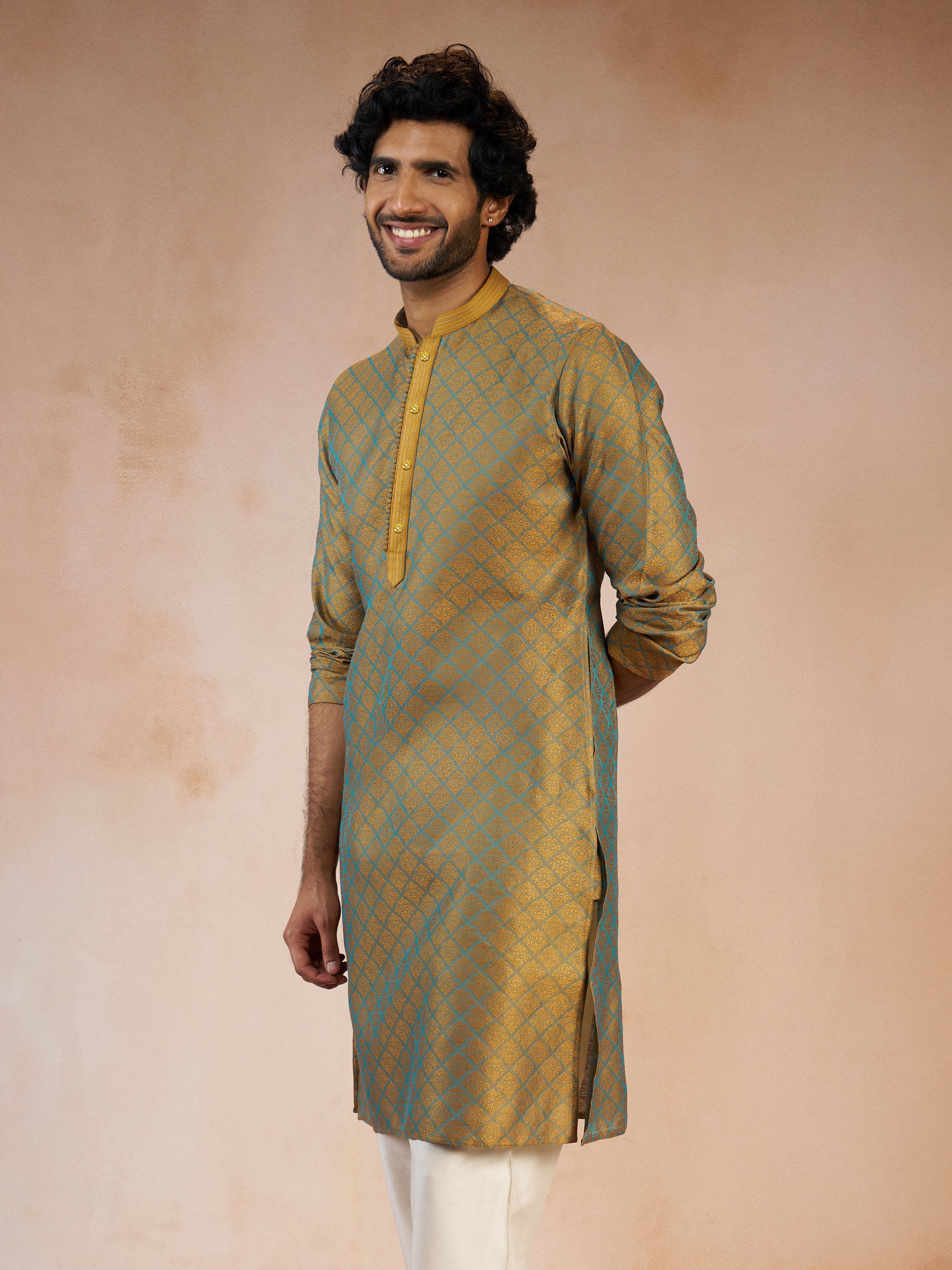 Men's Turquoise Jacquard Geometric Thread & Sequin Embroidered Silk Blend Straight Kurta