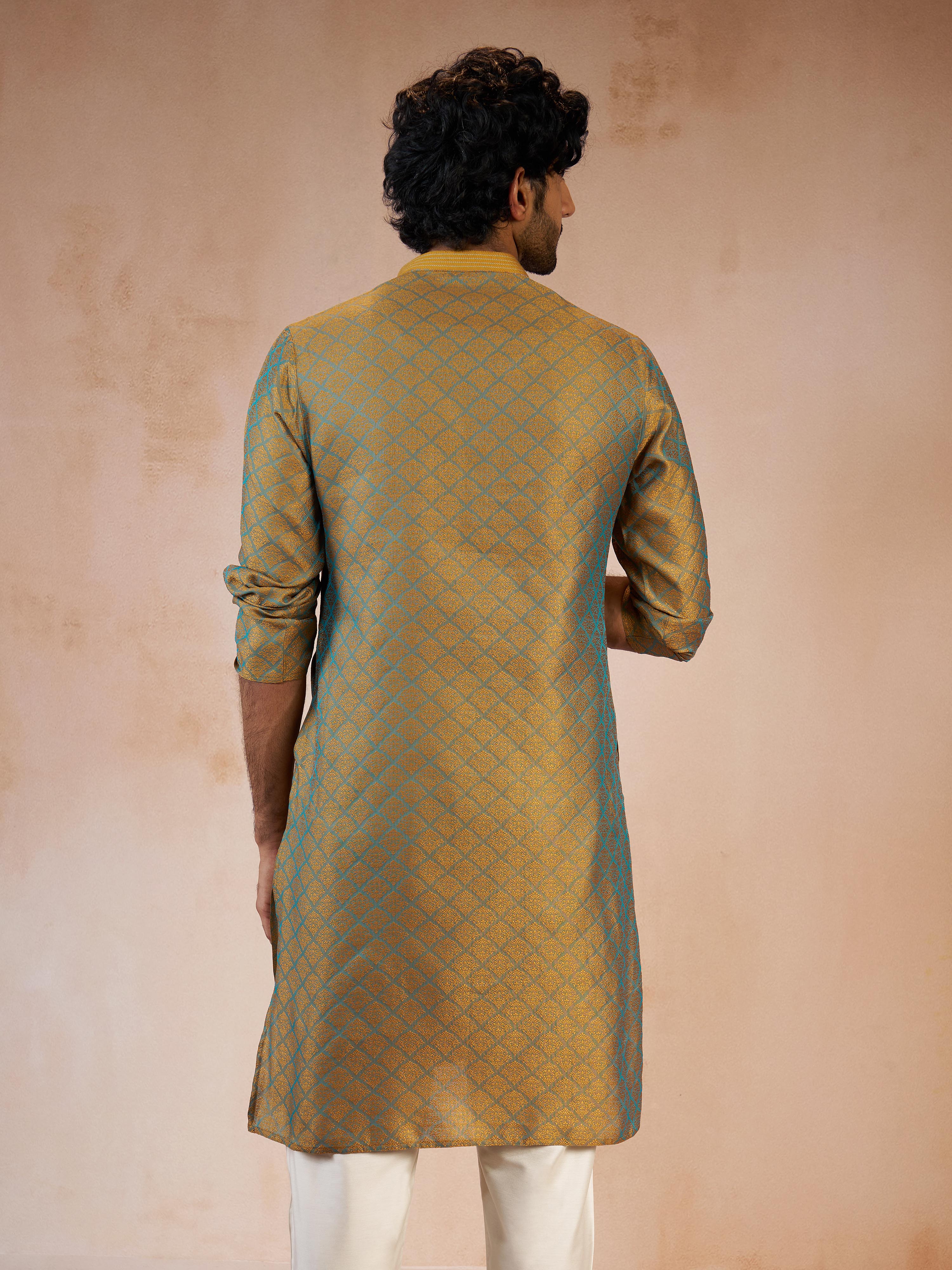 Men's Turquoise Jacquard Geometric Thread & Sequin Embroidered Silk Blend Straight Kurta