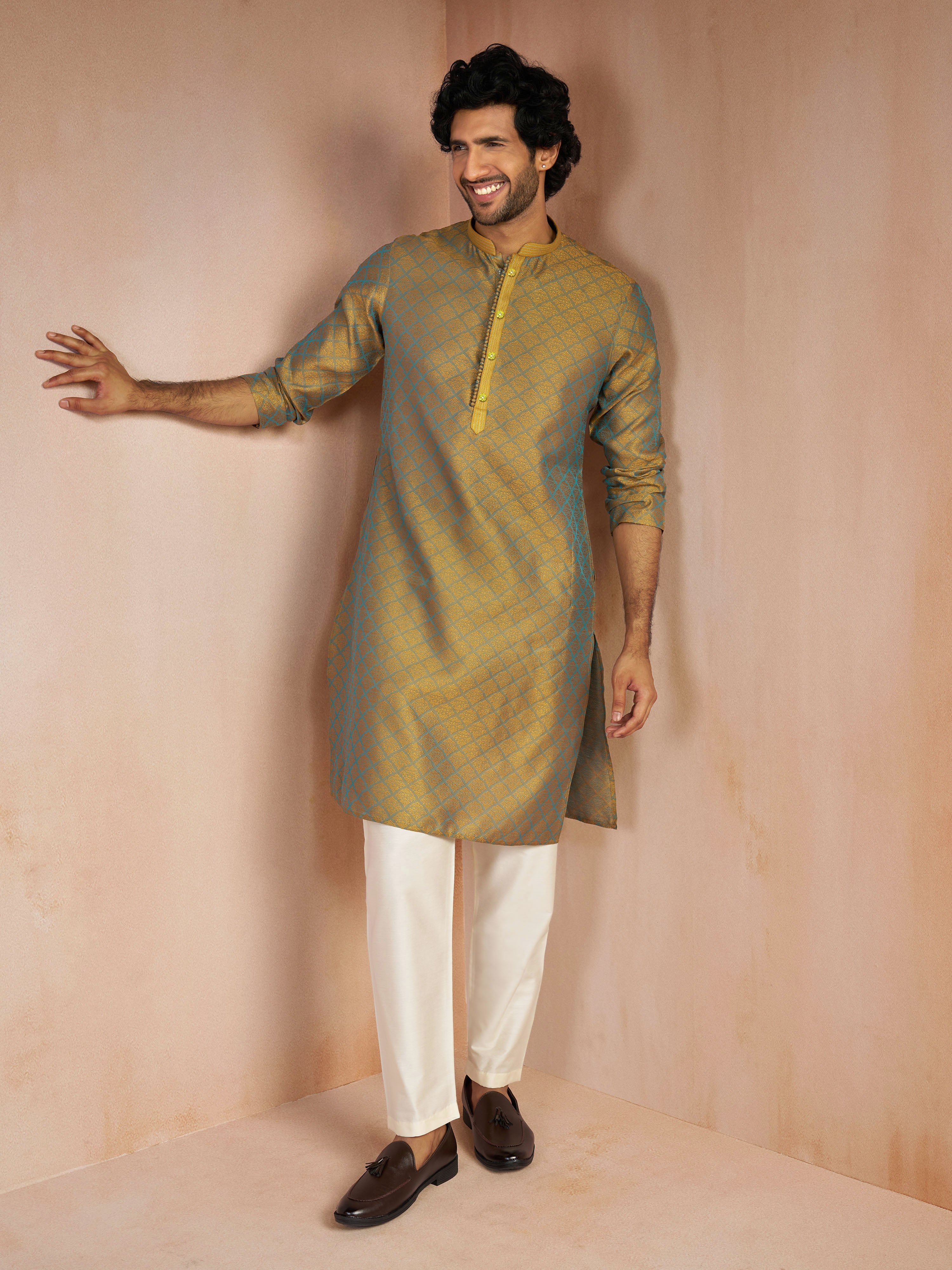 Men's Turquoise Jacquard Geometric Thread & Sequin Embroidered Silk Blend Straight Kurta