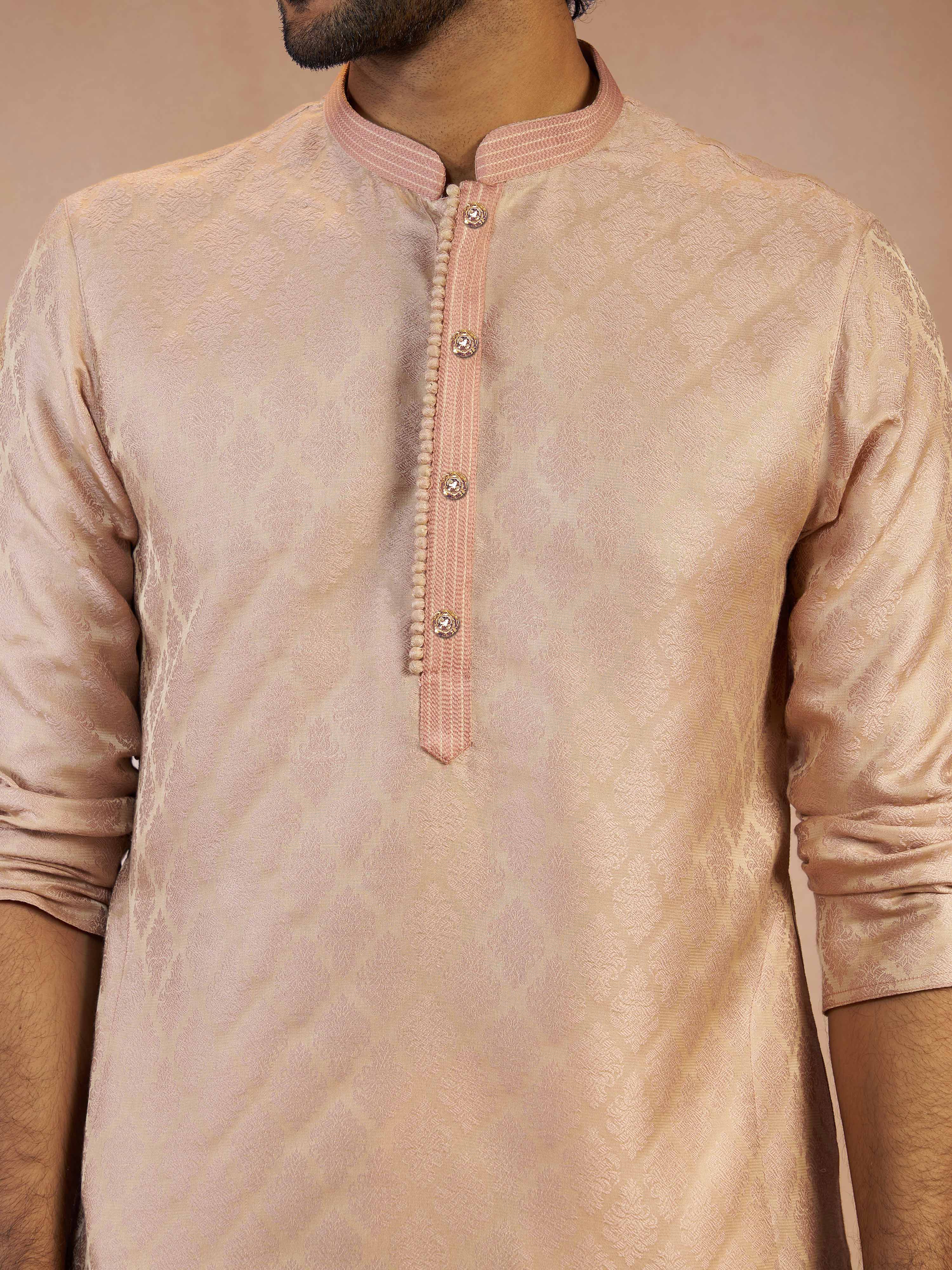 Men's Peach Jacquard Geometric Thread Embroidered Silk Blend Straight Kurta