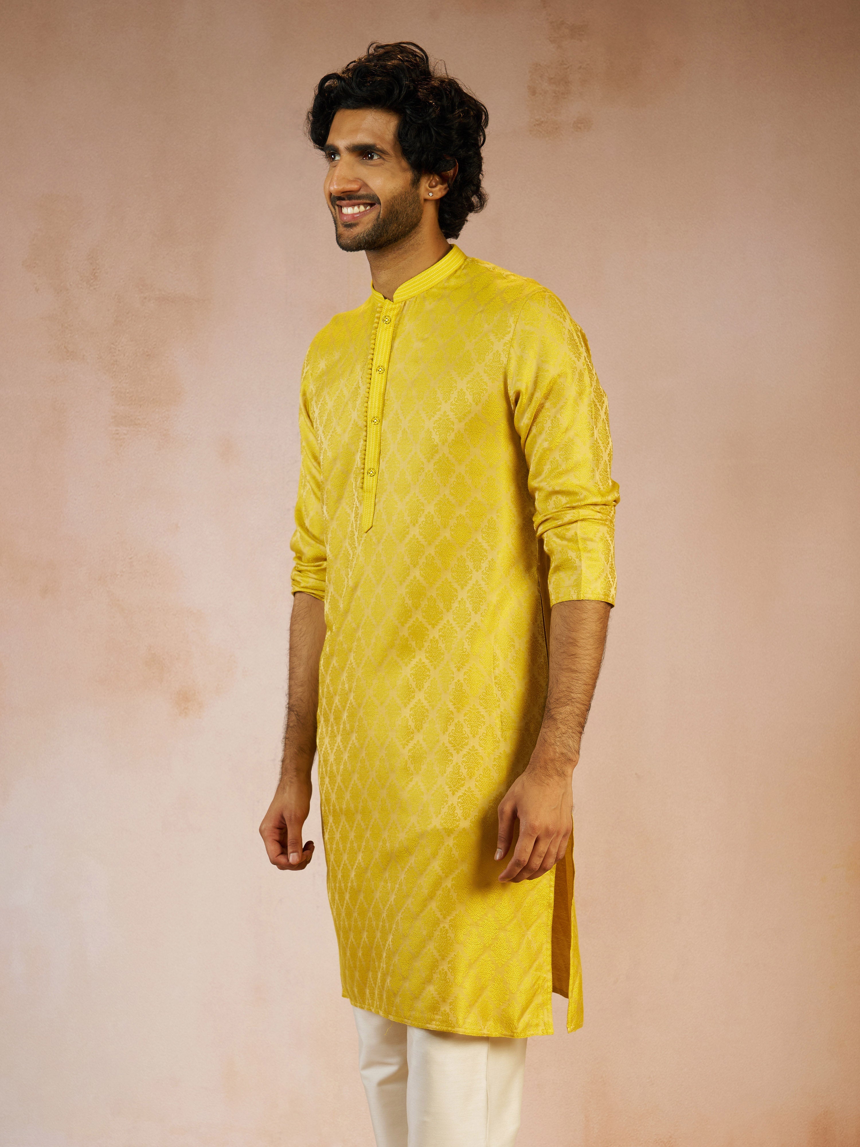 Men's Yellow Jacquard Geometric Thread Embroidered Silk Blend Straight Kurta