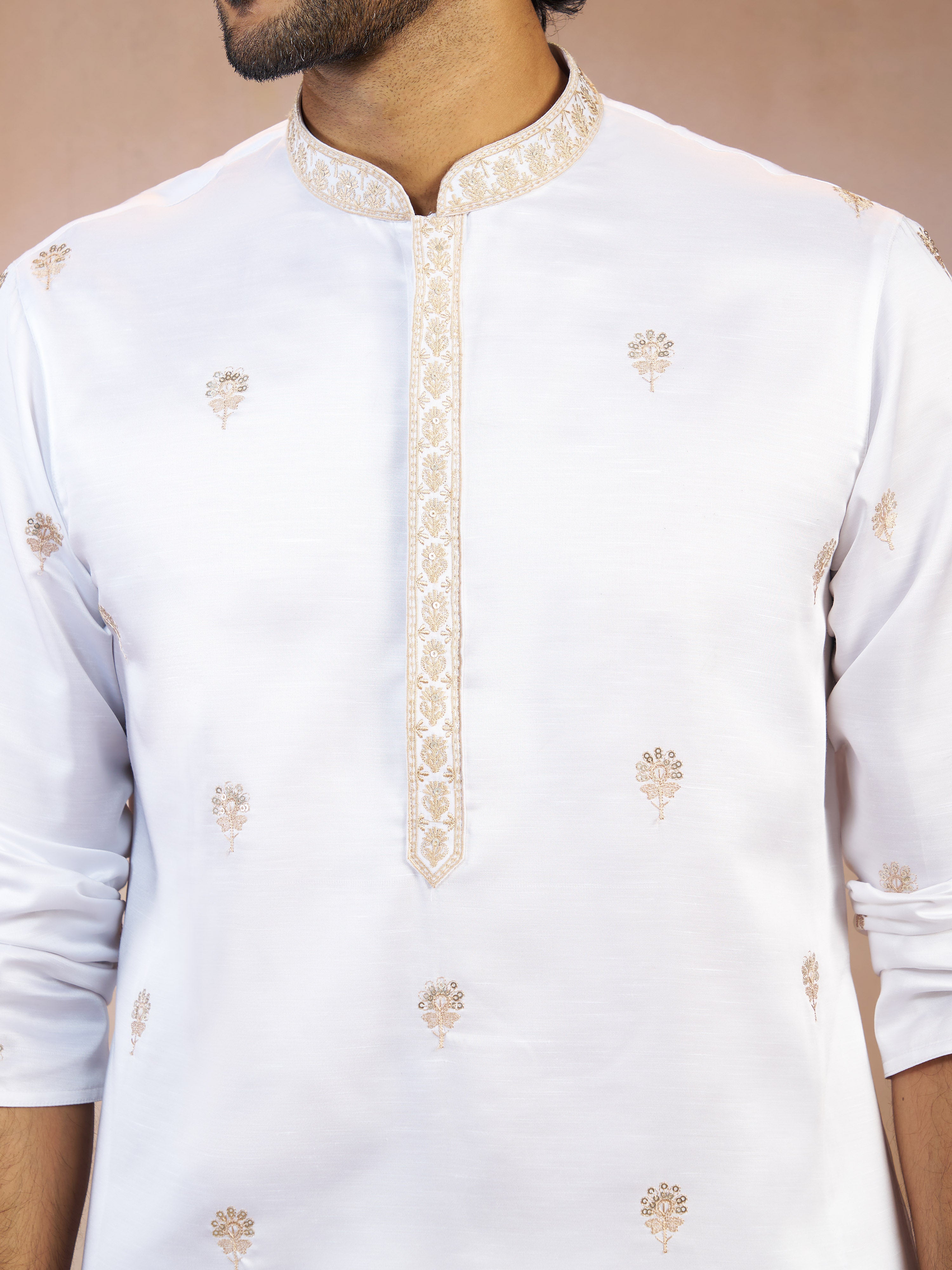 Men's White Floral Sequin & Thread Embroidered Silk Blend Long Kurta with Crepe Lining