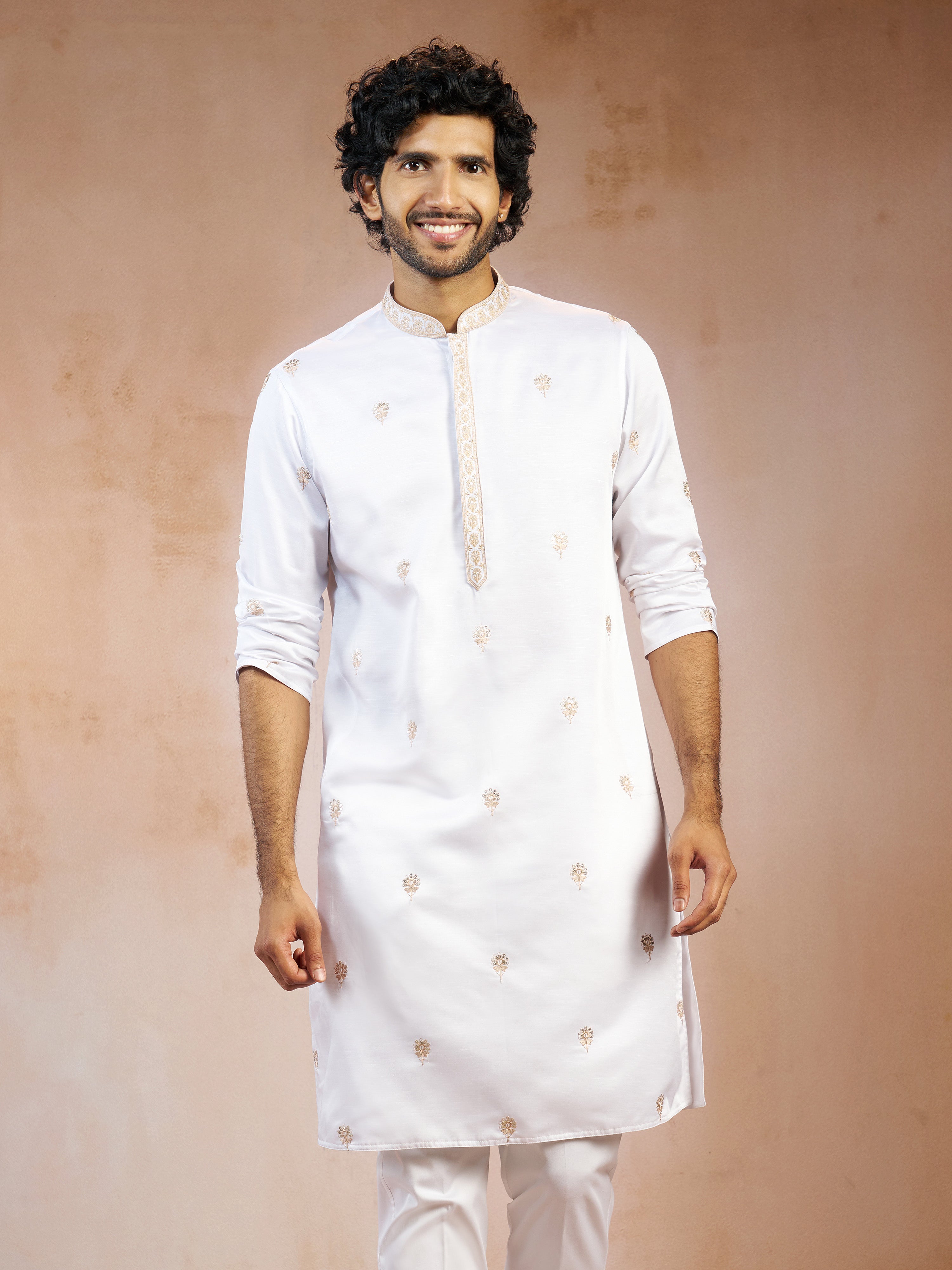 Men's White Floral Sequin & Thread Embroidered Silk Blend Long Kurta with Crepe Lining