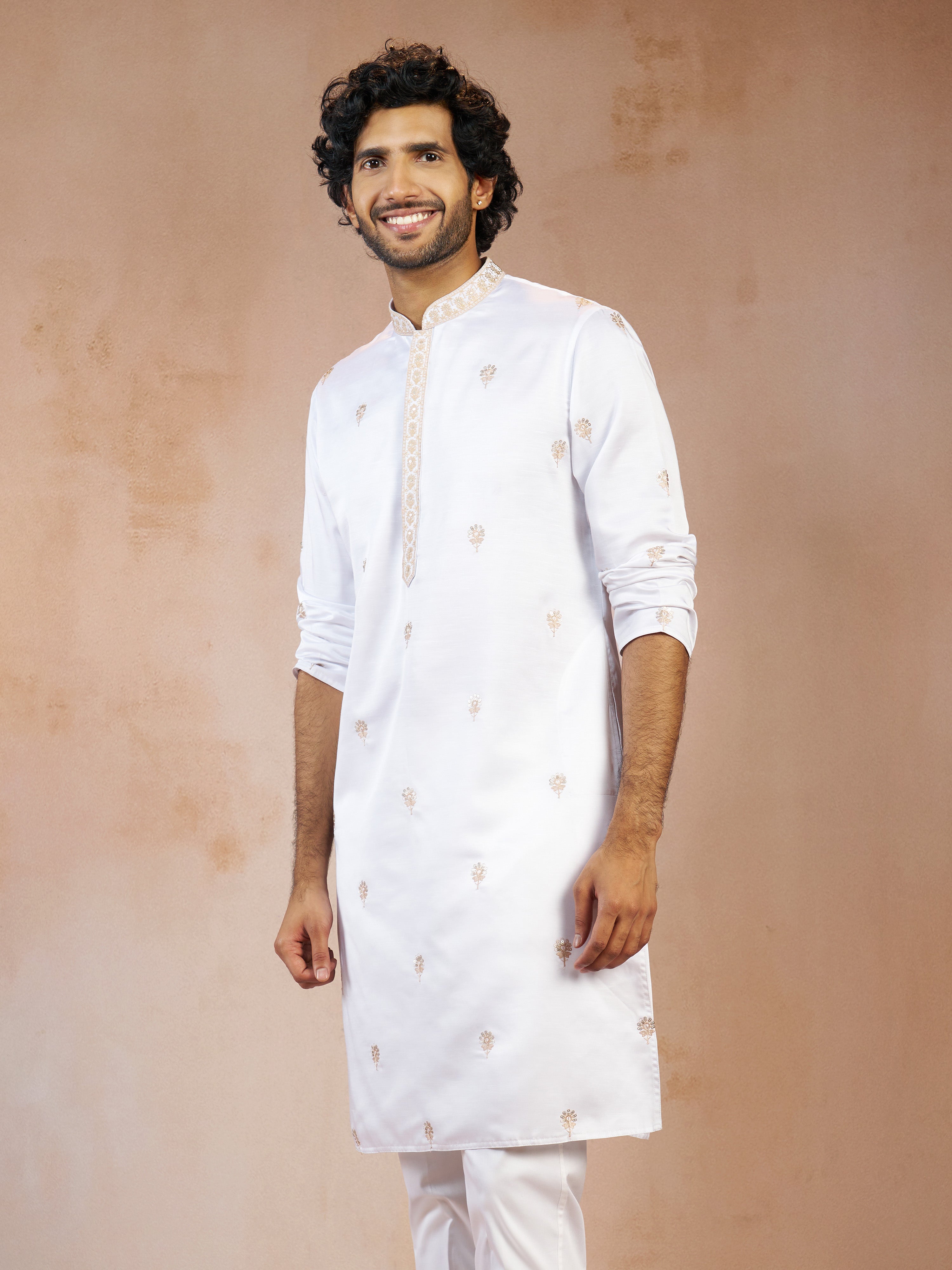 Men's White Floral Sequin & Thread Embroidered Silk Blend Long Kurta with Crepe Lining
