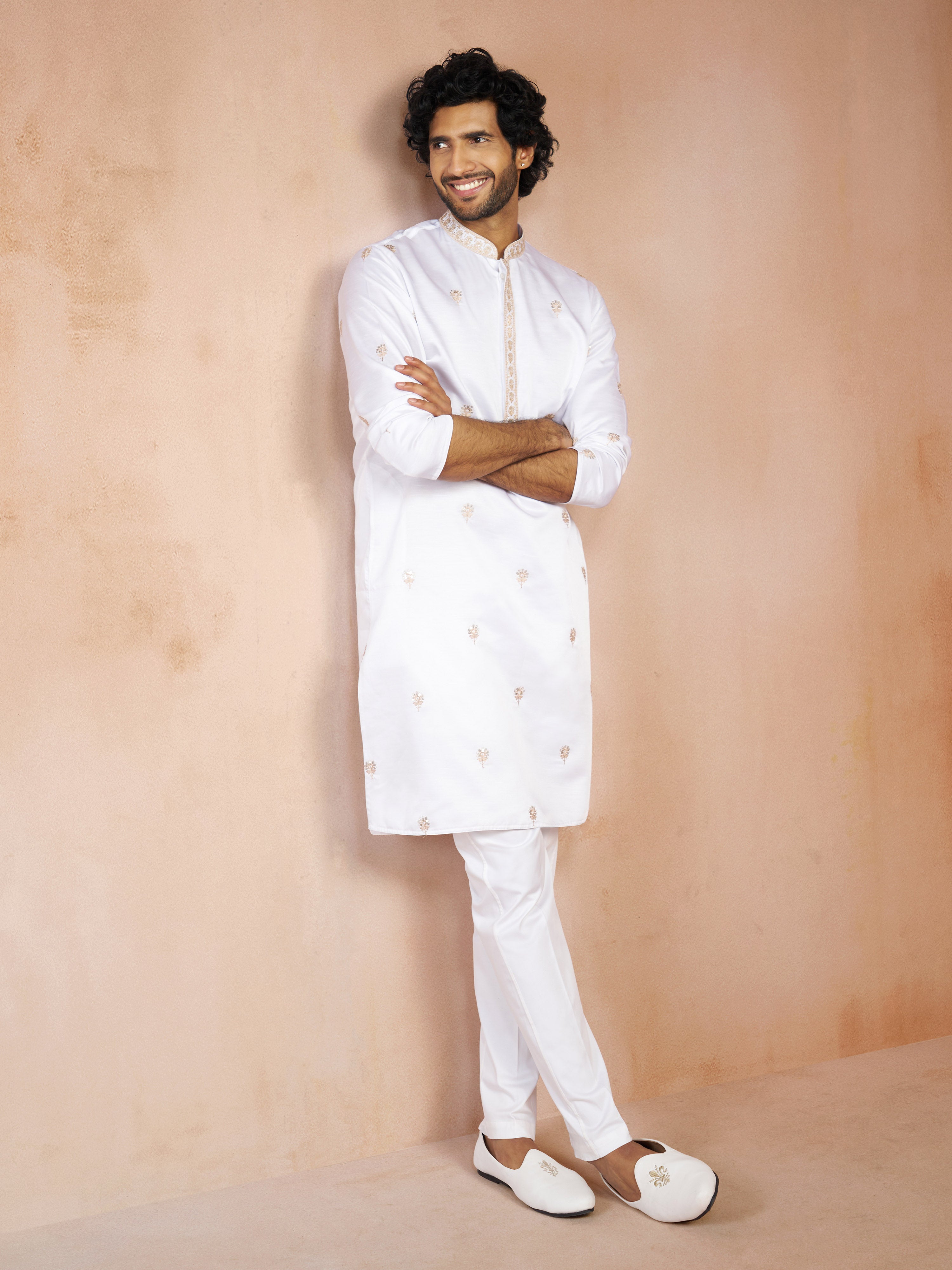 Men's White Floral Sequin & Thread Embroidered Silk Blend Long Kurta with Crepe Lining